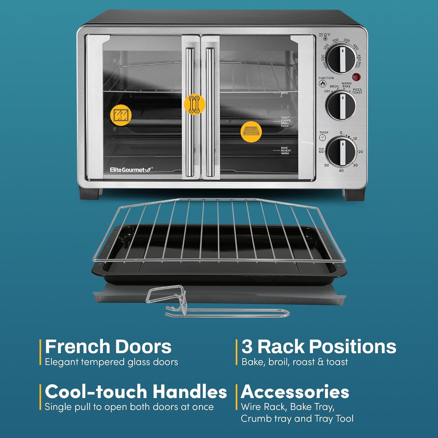 Elite Gourmet ETO2530M New Double French Door Toaster Oven fits 12" Pizza, Stainless Steel