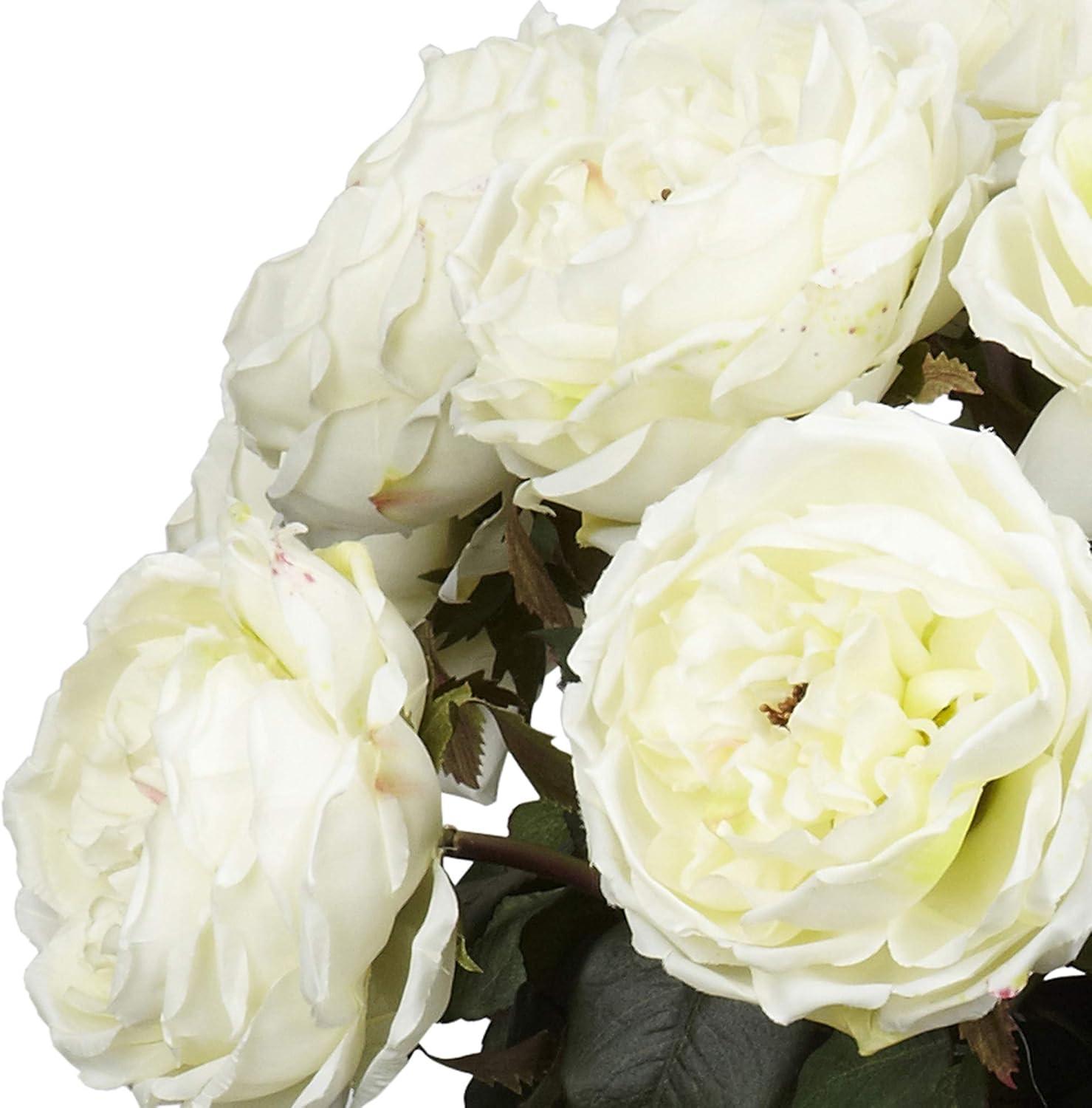 Nearly Natural Fancy Rose Silk Floral Arrangement - White Lifelike Faux Foliage, Elegant Glass Vase