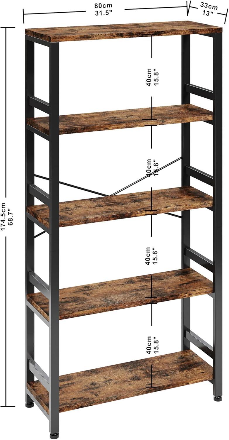 Vintage Brown 5-Tier Industrial Ladder Bookshelf with Adjustable Feet