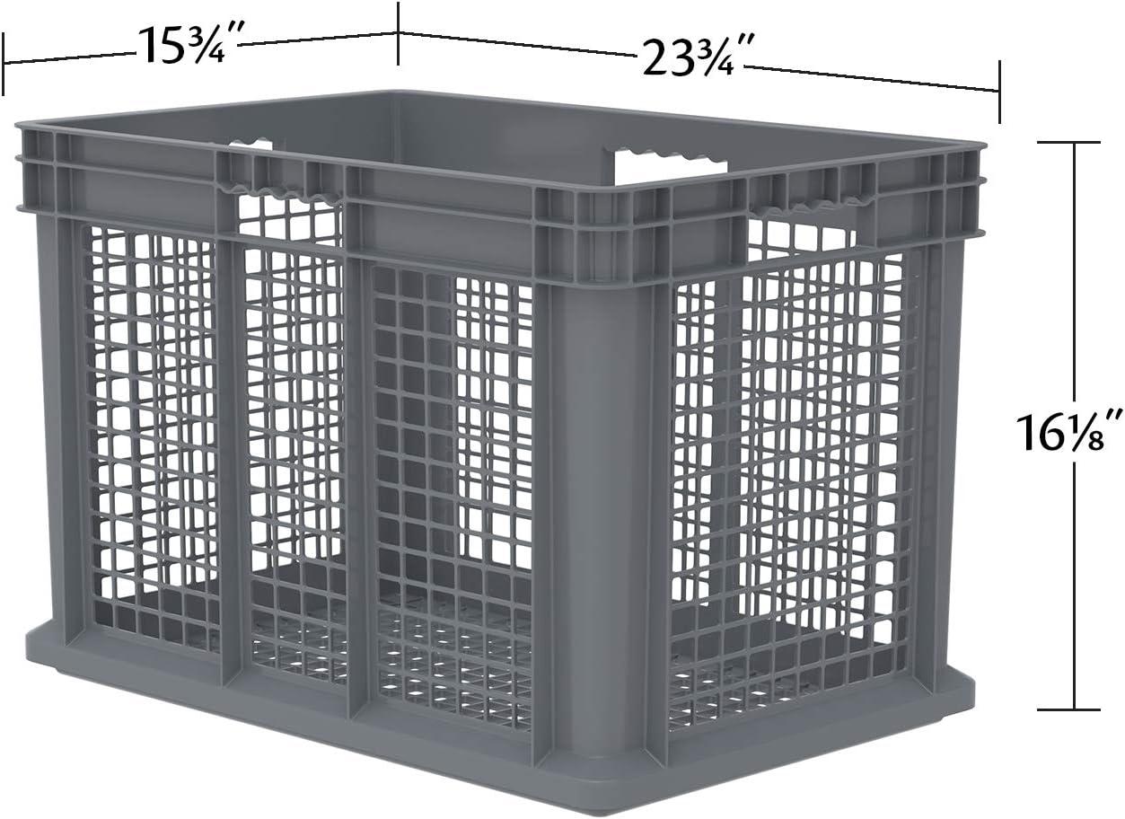 Gray Industrial Plastic Storage Tote with Mesh Sides, 24-Inch