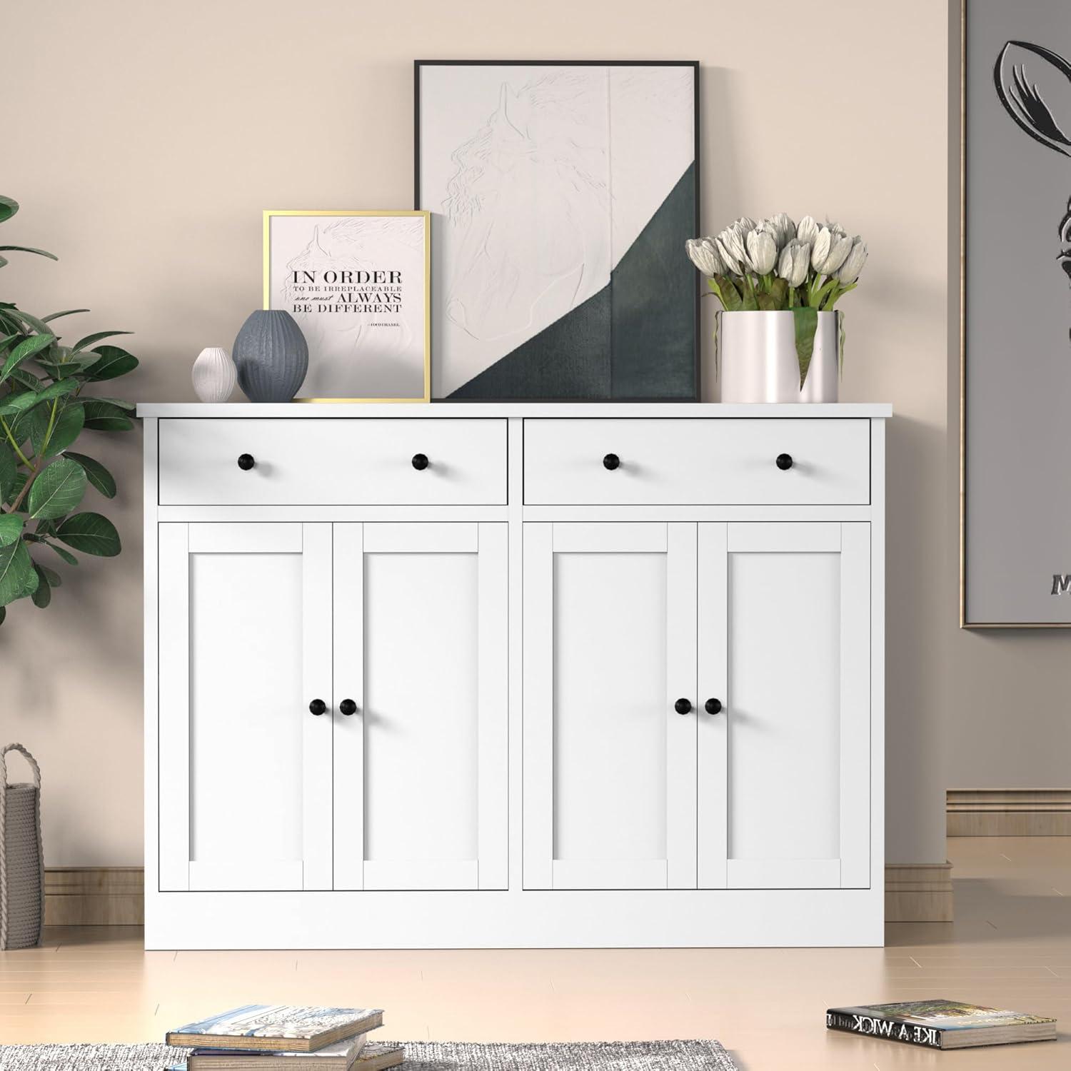 White Modern Buffet Storage Cabinet with 4 Doors and Drawers