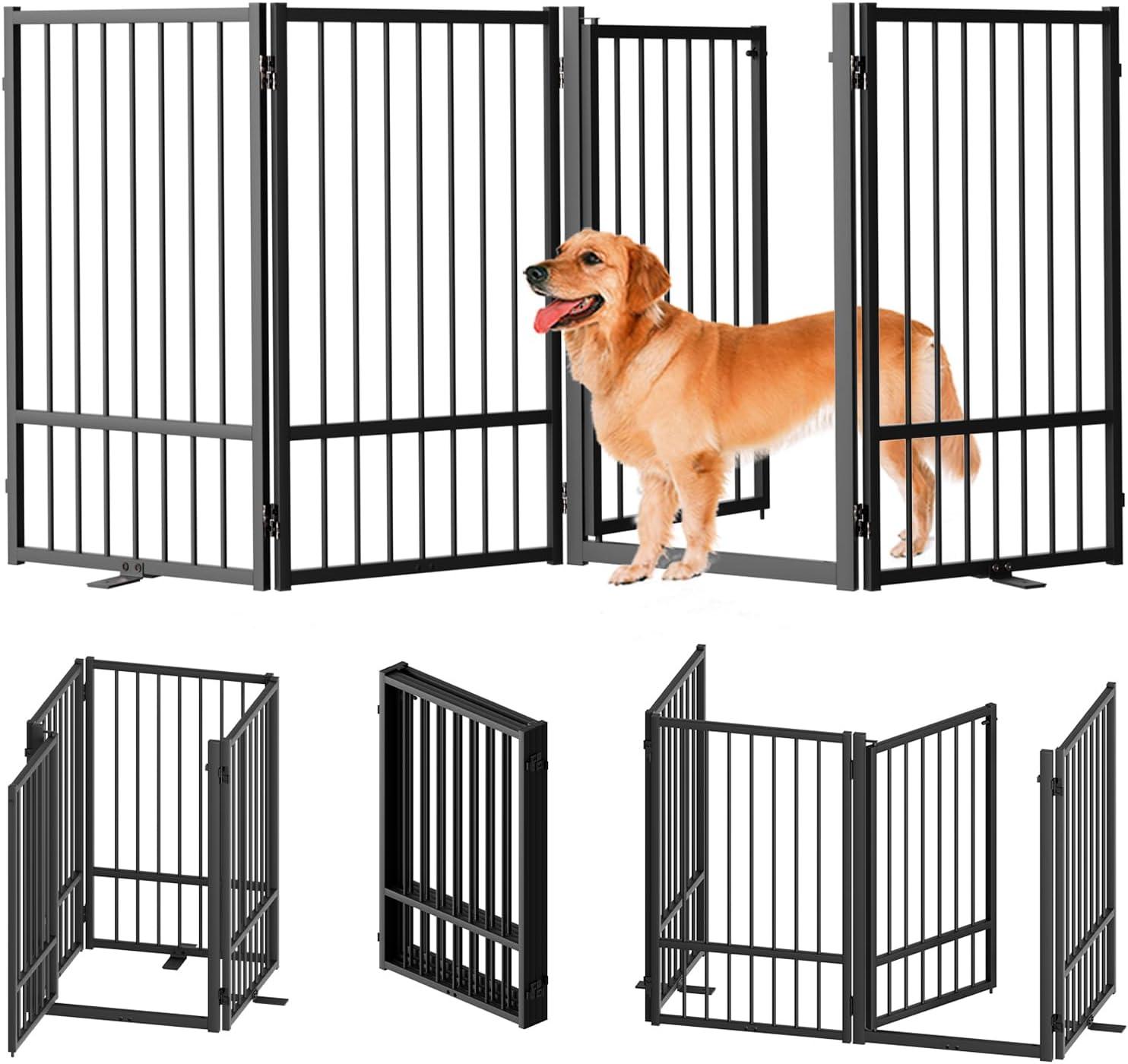 Full Matel Freestanding Dog Gate With Door, 32 Inch Height Foldable Pet Dog Fence Extra Wide Free Standing Small Dog Gates For Doorways,House,Stairs,Porch,Deck,Yard