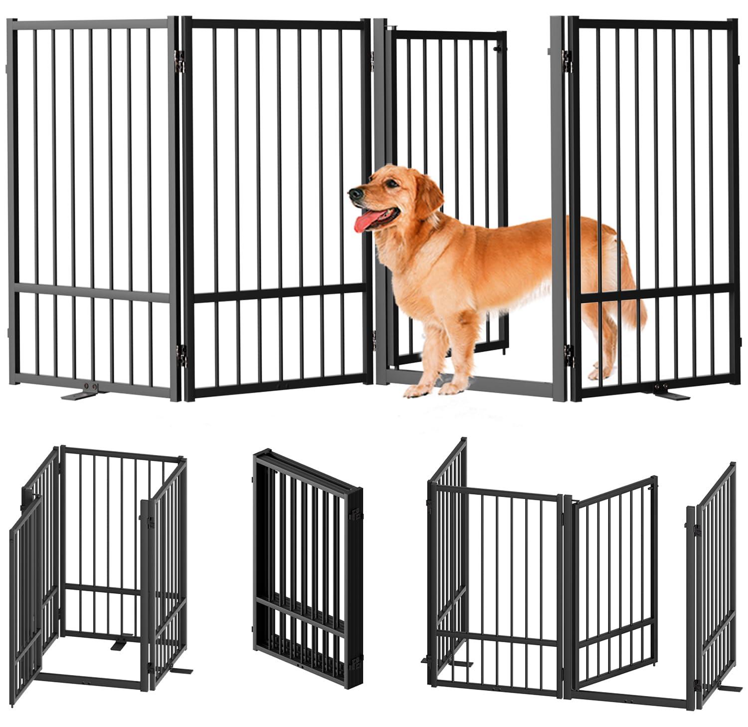 Full Matel Freestanding Dog Gate With Door, 32 Inch Height Foldable Pet Dog Fence Extra Wide Free Standing Small Dog Gates For Doorways,House,Stairs,Porch,Deck,Yard