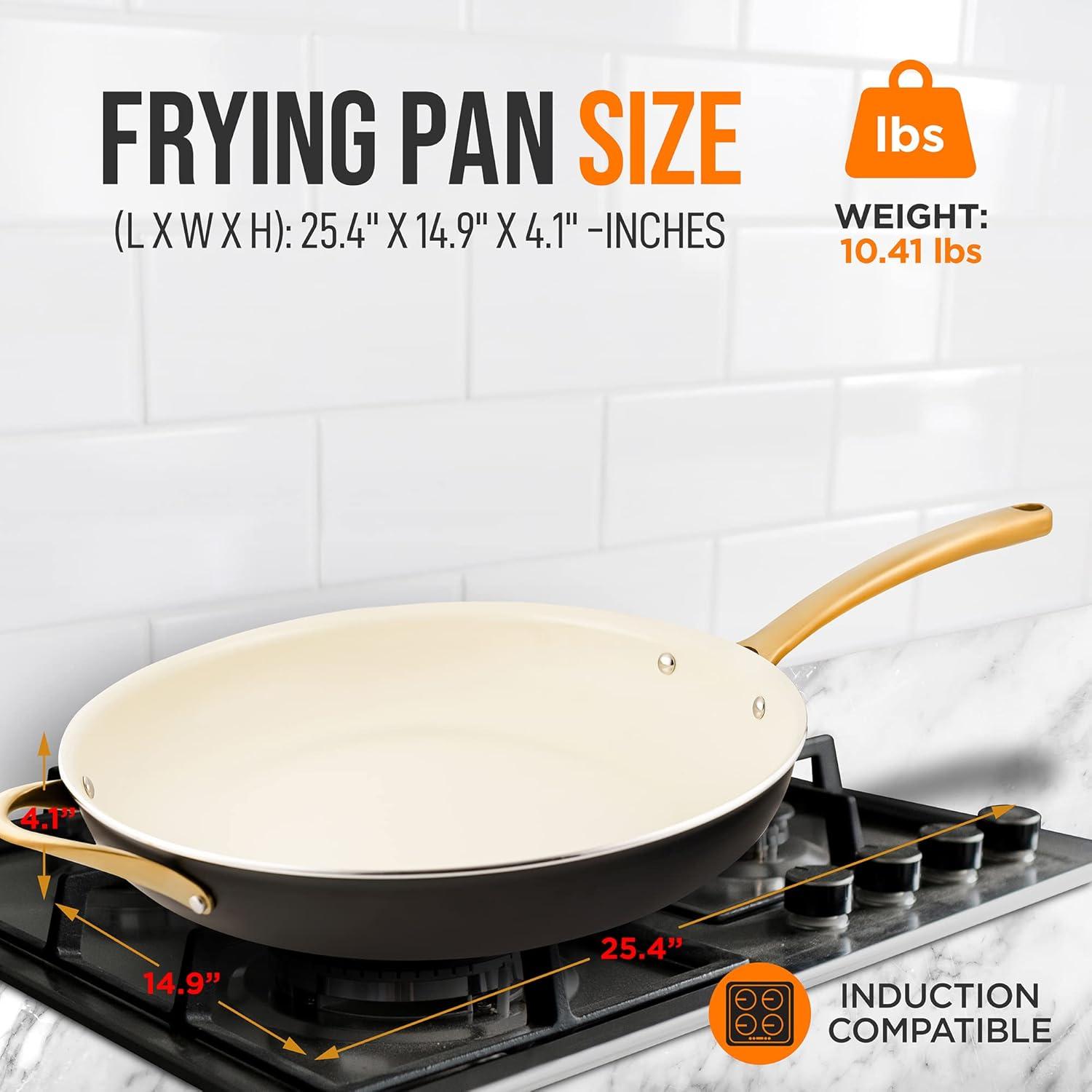 NutriChef 14" Extra Large Fry Pan - Skillet Nonstick Frying Pan with Golden Titanium Coated Silicone Handle, Ceramic Coating