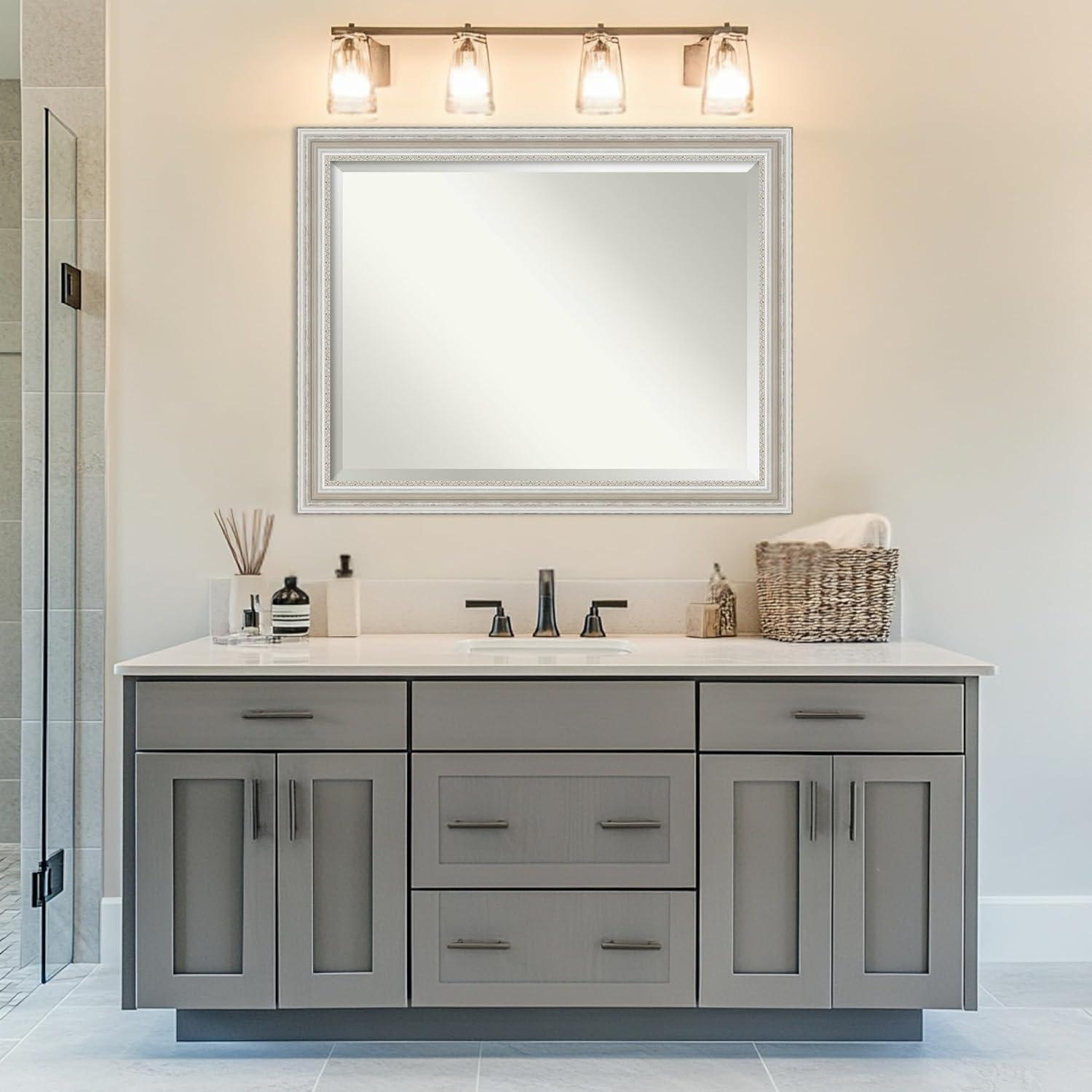46" x 36" Parlor Framed Bathroom Vanity Wall Mirror Silver - Amanti Art: Modern Rectangular, Wall-Mounted, Wood Frame