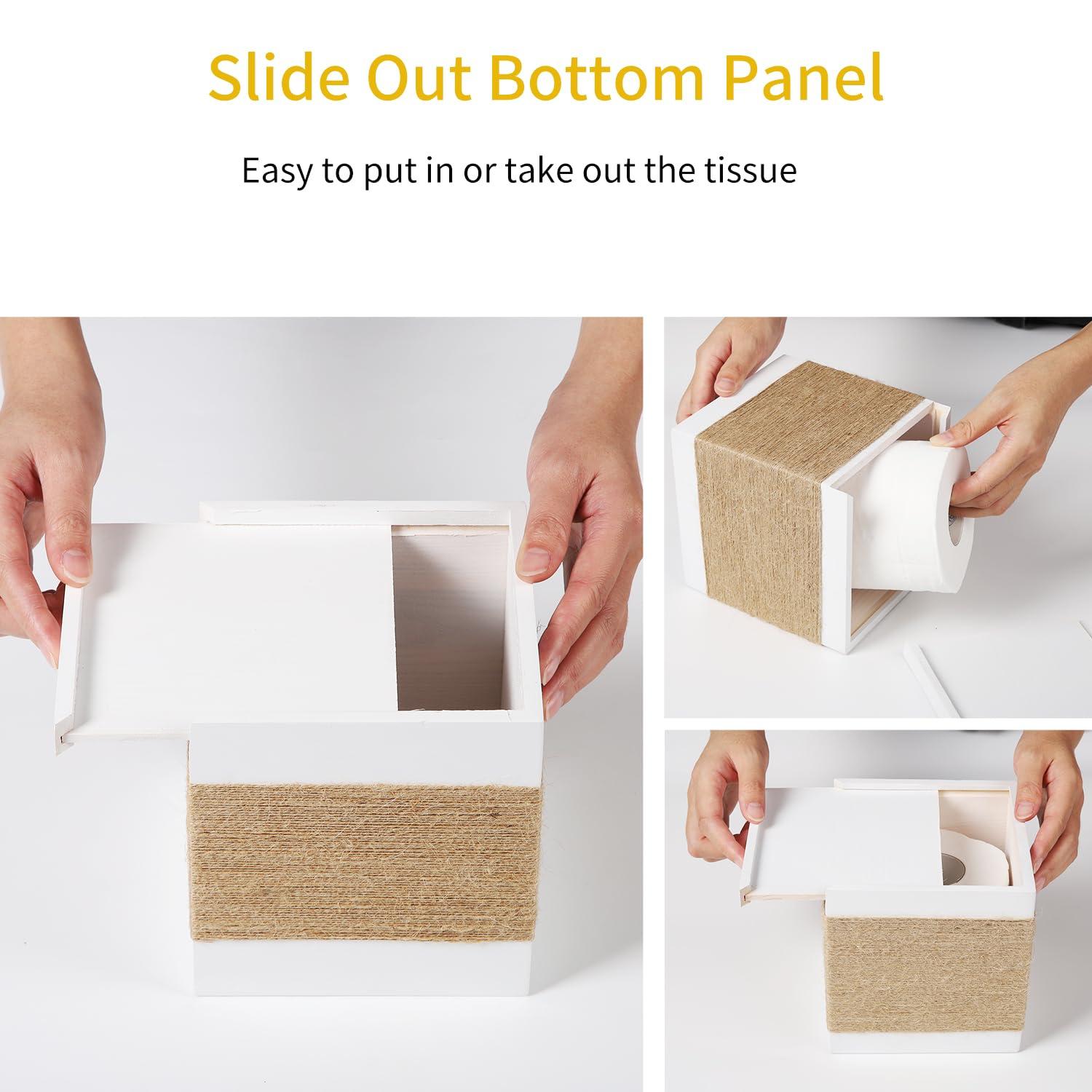 Tissue Box Cover, Wood Tissue Box Cover Square, Farmhouse Tissue Box Holder Covers Your Tissues, Decorative Tissue Cube Box Cover with Slide-Out Bottom (White)