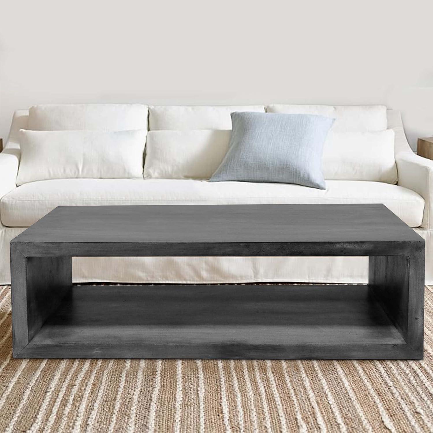 58" Cube Shape Mango Wood Coffee Table with Open Bottom Shelf Gray - The Urban Port