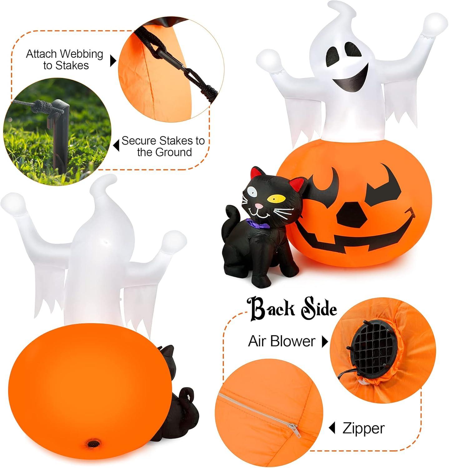 5 FT Halloween Inflatable Spooky Pumpkin with Ghost and Black Cat