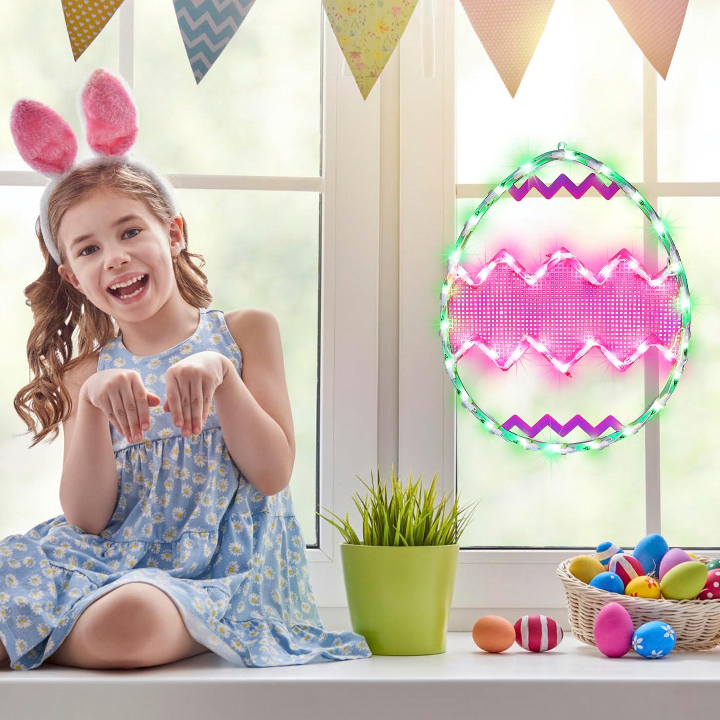 Northlight Lighted Chevron Stripe Easter Egg Window Decoration - 17" - Green and Pink