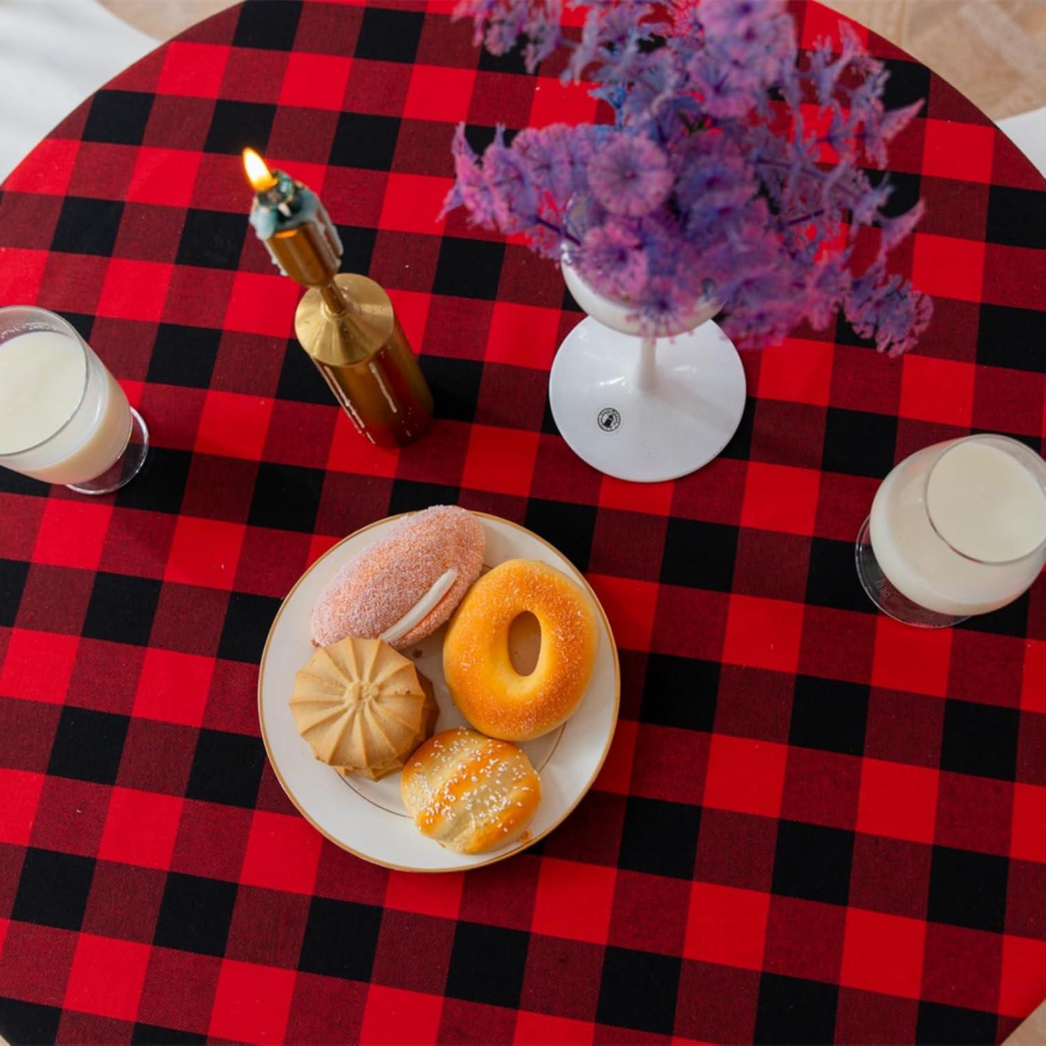 Buffalo Plaid Round Tablecloth Checkered Cotton Linen Table Cover for Kitchen Dining Room Home Decor ( Round - 48 Inch, White & Black )