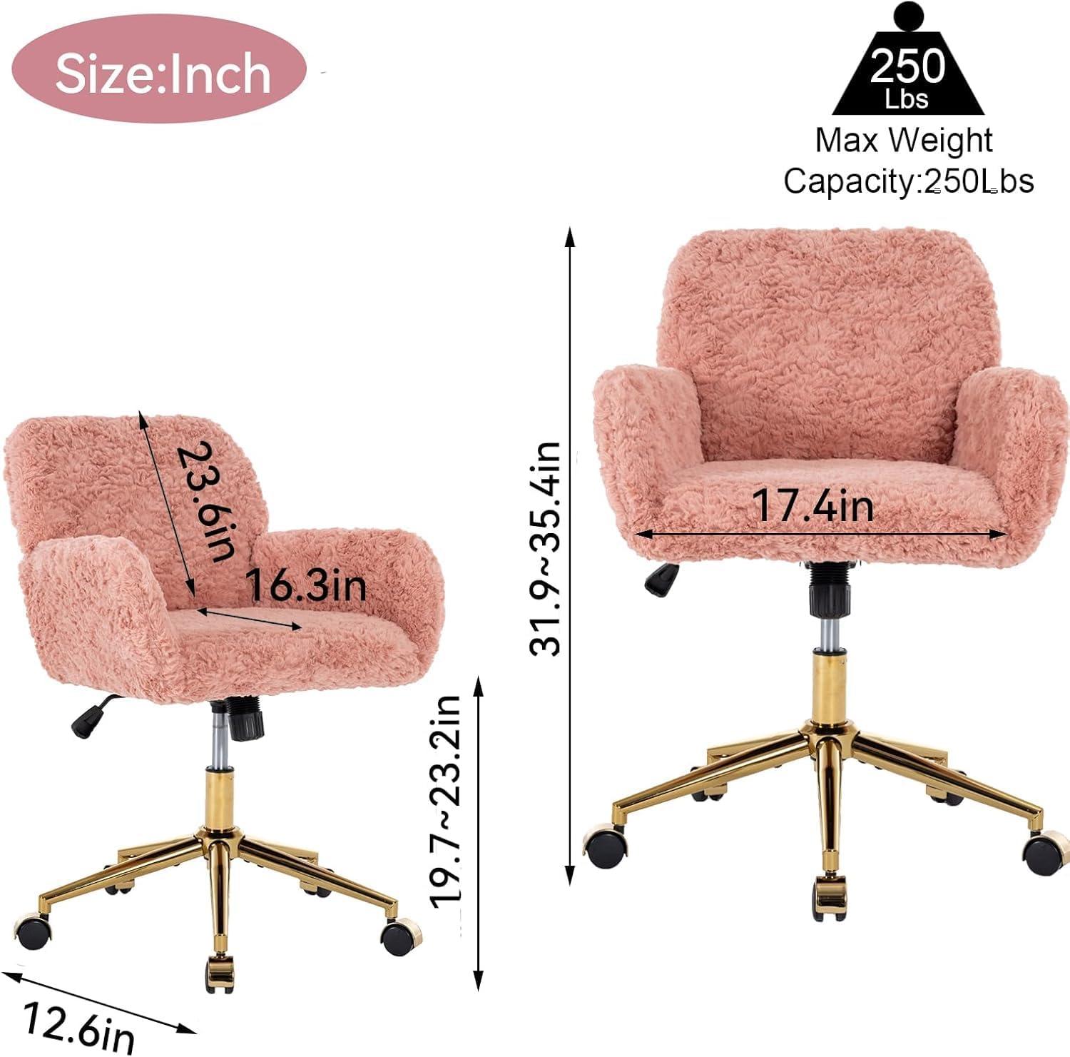Pink Artificial Rabbit Fur Home Office Chair, Adjustable Swivel Desk Chair with Gold Metal Base and Wheels - The Pop Home