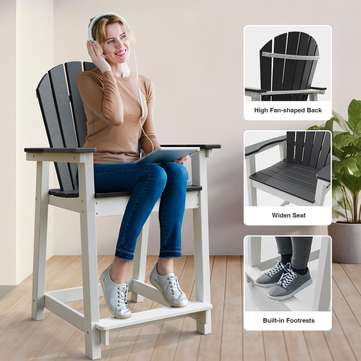 Outdoor Tall Adirondack Chair, Patio Bar Stool Chair with High Back, 400lbs, Widened Arms, All-Weather Balcony Chair for Backyard, Garden, Yard (1 PC)