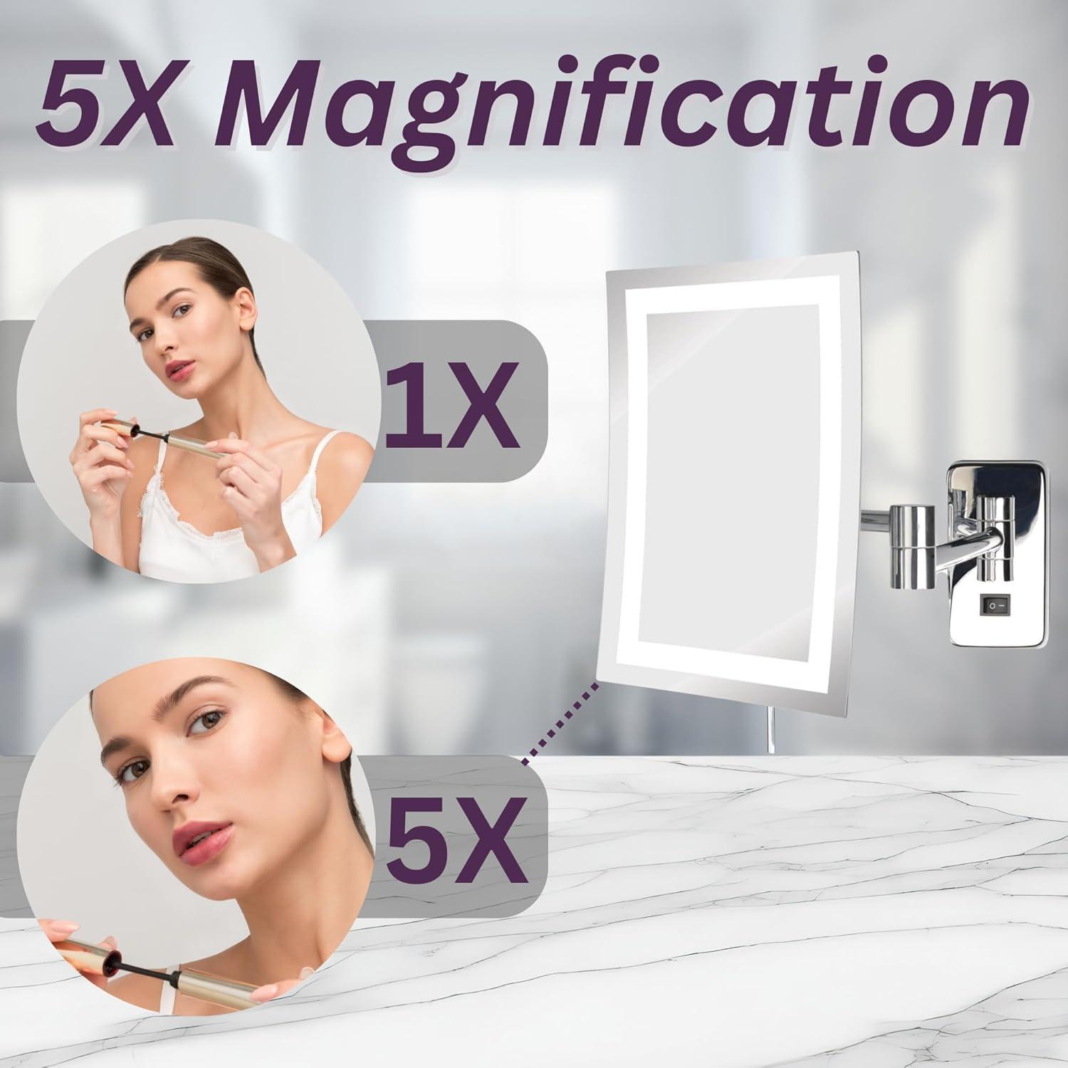 Rectangular Chrome Wall Mounted LED Magnifying Makeup Mirror