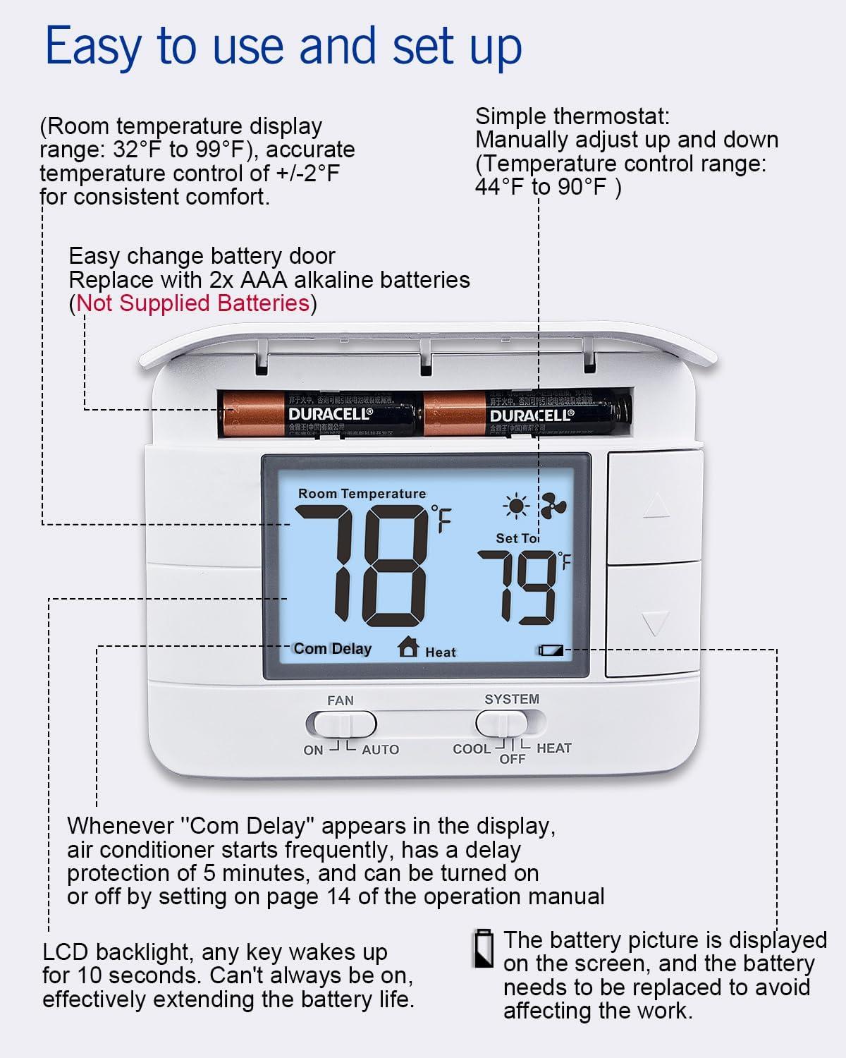 Non Programmable Thermostat for Home 1 Heat/ 1 Cool Single-Stage System, with Room Temperature Monitor (LCD White Backlit Screen)
