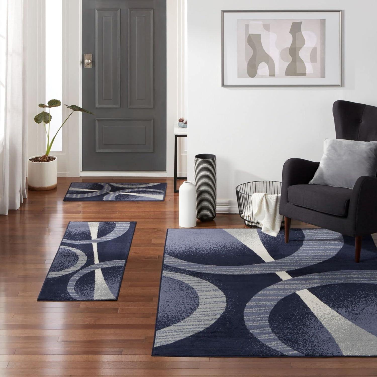 Navy Blue Abstract Geometric 3-Piece Synthetic Area Rug Set