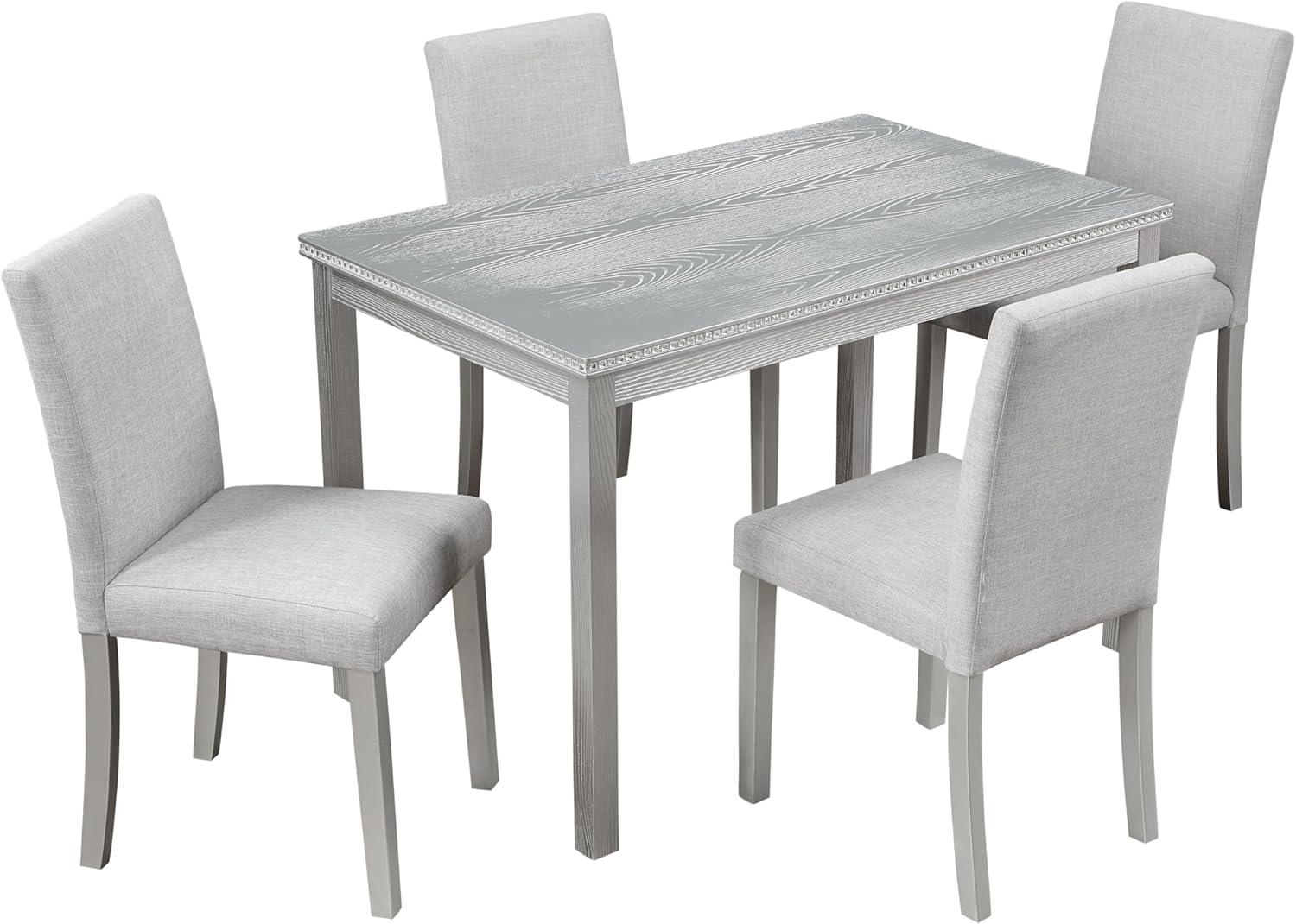 Grey Pine Wood 5-Piece Dining Set with Upholstered Chairs