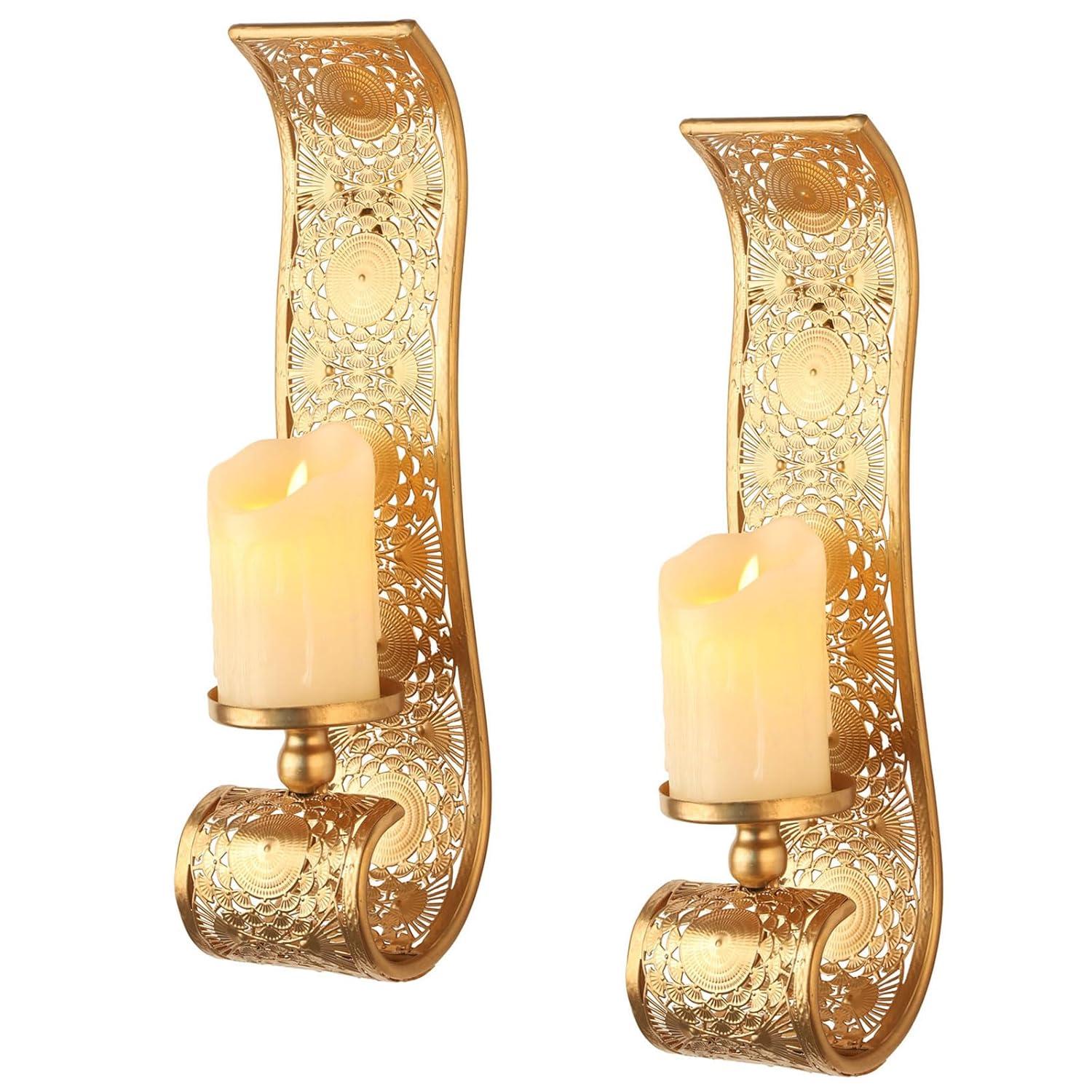 Wall Candle Sconce Set of 2,Gold Metal Wall Mount Candle Holder，Spanish Baroque Hollow Carving Wall-Mounting Sconces for Living Room, Bathroom, Dining Areas,Hallways Decorations