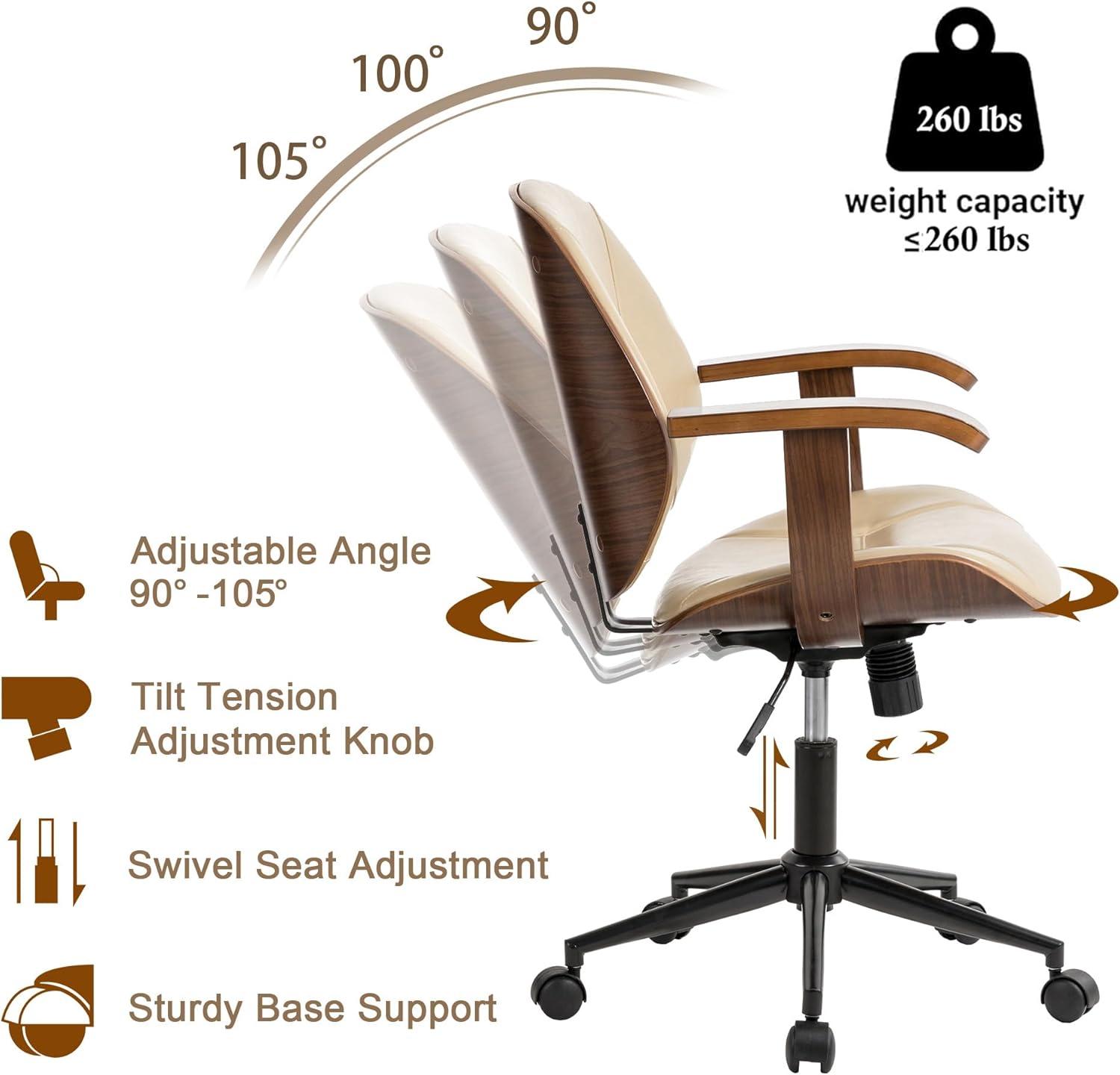 Glitzhome Leather Home Office Chair with Arm, Mid-Back Adjustable Executive Swivel Desk Task Chair,Beige