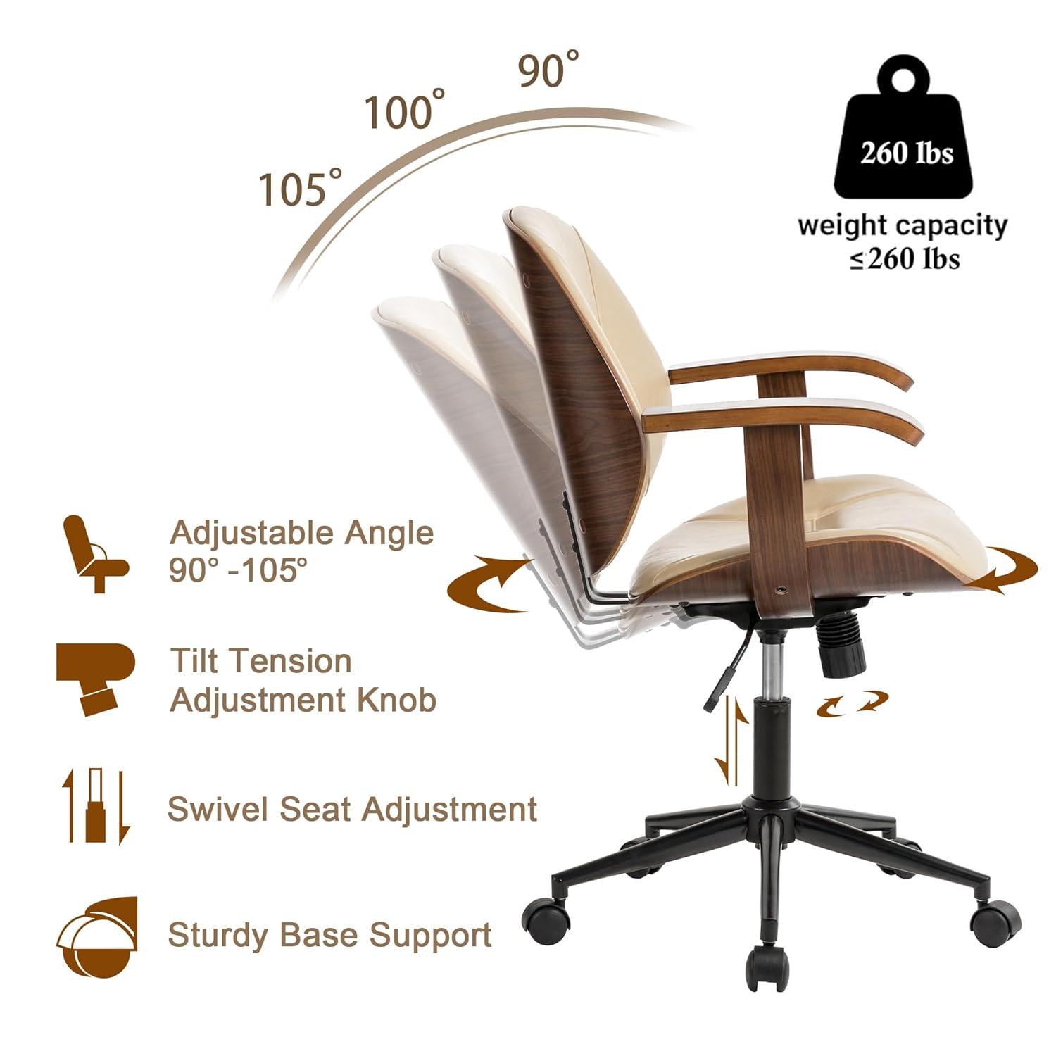 Glitzhome Leather Home Office Chair with Arm, Mid-Back Adjustable Executive Swivel Desk Task Chair,Beige