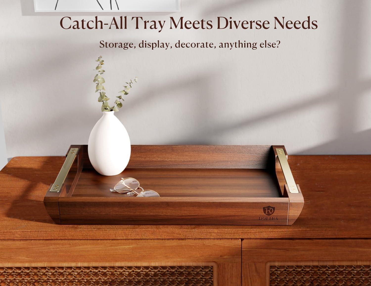 Acacia Wood Serving Tray With Metal Handles, 17X13in Food Drinks Tray For Coffee Table, Breakfast, Dinner & Bar, Rustic Decorative Storage Tray For Ottoman, Kitchen, Bedroom Gift Packaging