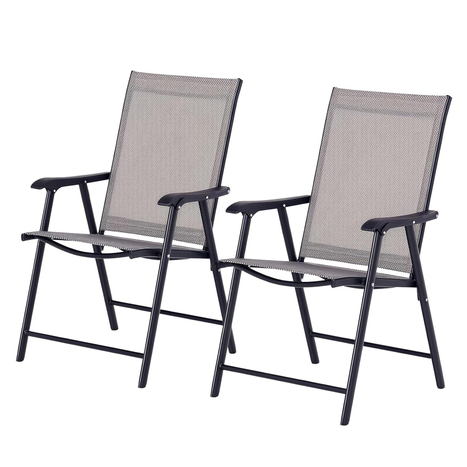 Outsunny Set of 2 Patio Folding Chairs, Stackable Outdoor Sling Chairs with Armrests for Lawn, Camping, Dining, Beach, Metal Frame, Gray