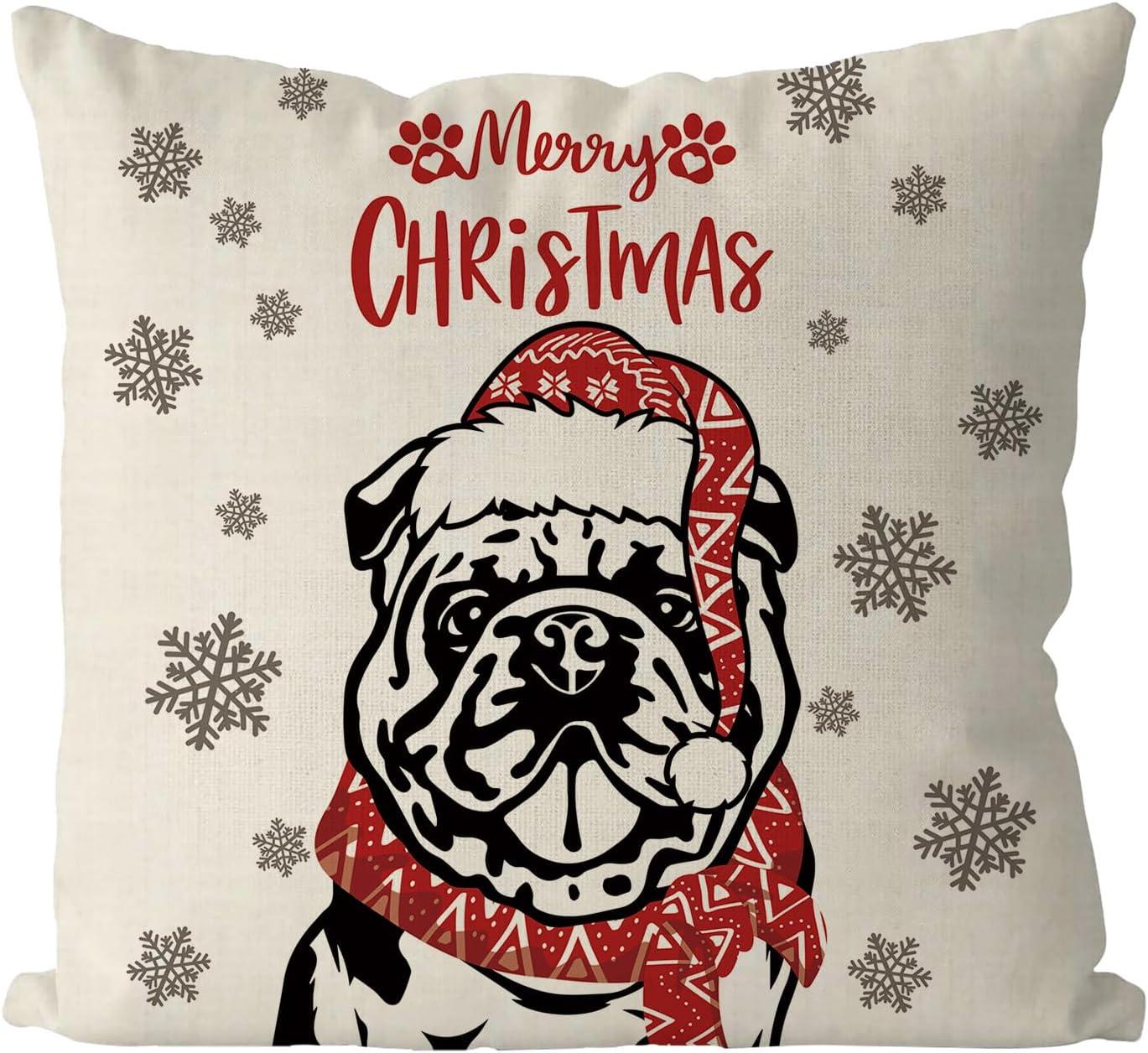 Christmas Pillow Covers 18x18 Inch English Bulldog Dog Throw Pillow Covers Xmas Winter Pillowcase Dog Christmas Decorations for Living Room Farmhouse Cushion Case