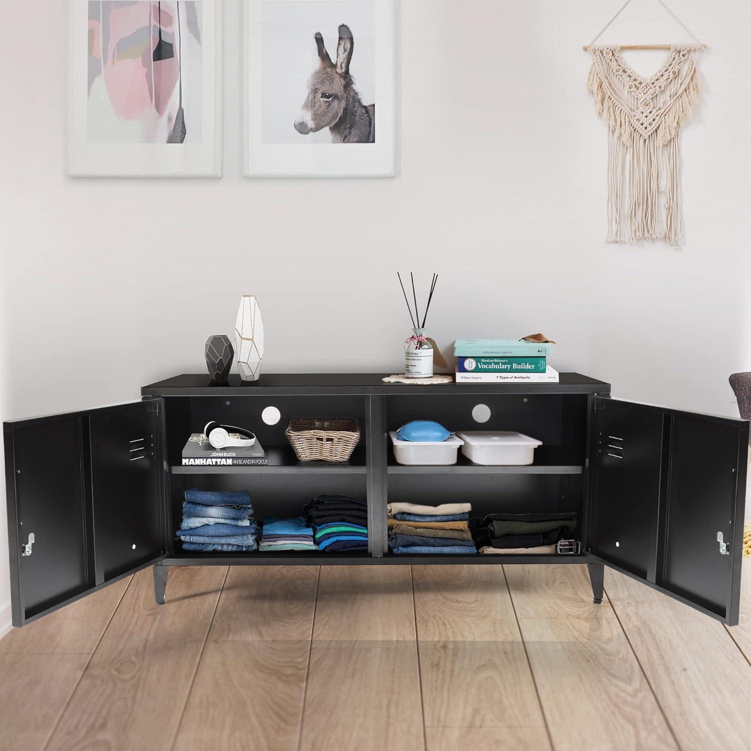 HOPUBUY Metal Storage Cabinet with Lock, Steel Locker Cabinet with Removable Shelves and 2 Locking Doors, Black Storage Cabinets for Home, Garage, Office, Bedroom