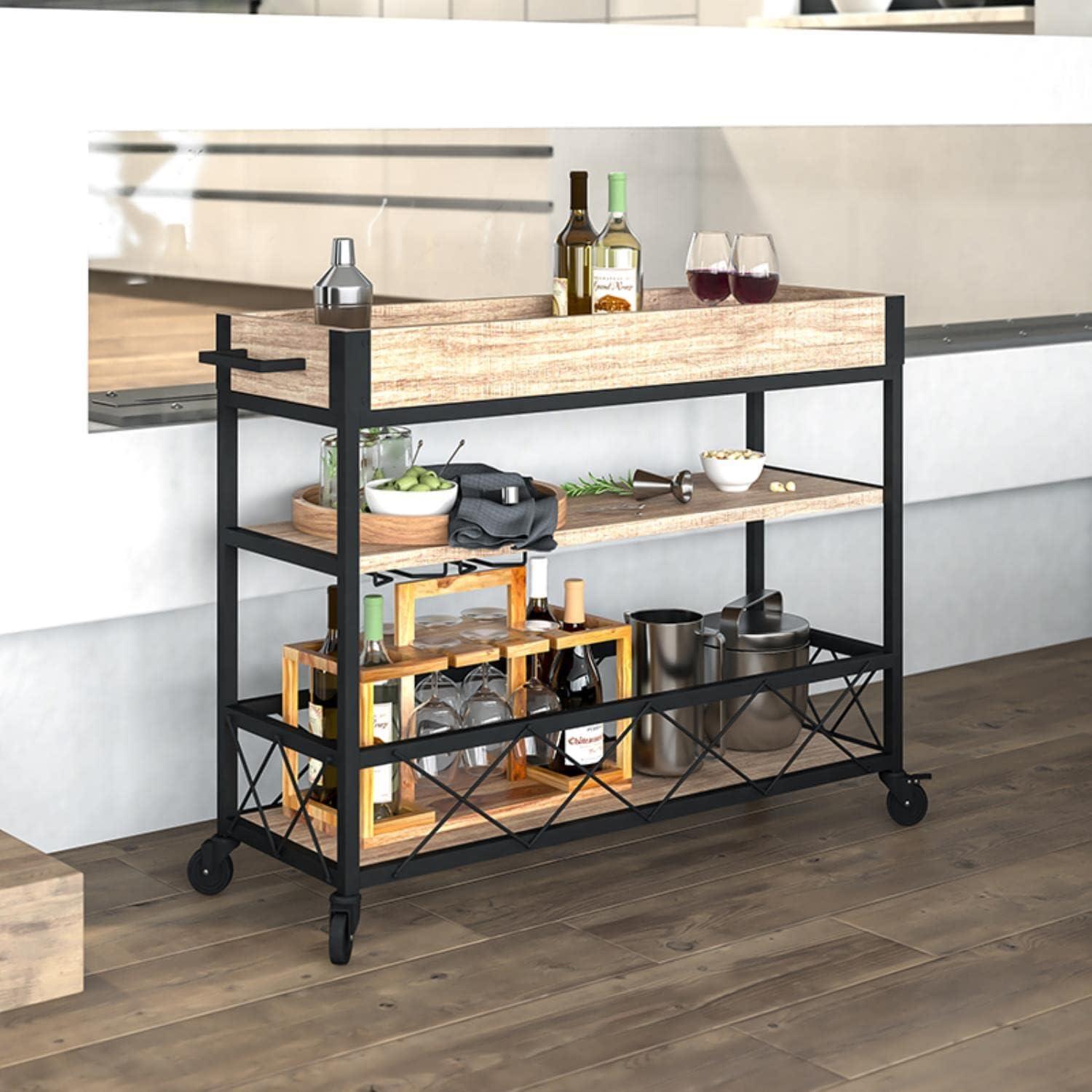 Buckhead Light Oak and Iron Rectangular Bar Cart with Wine Storage