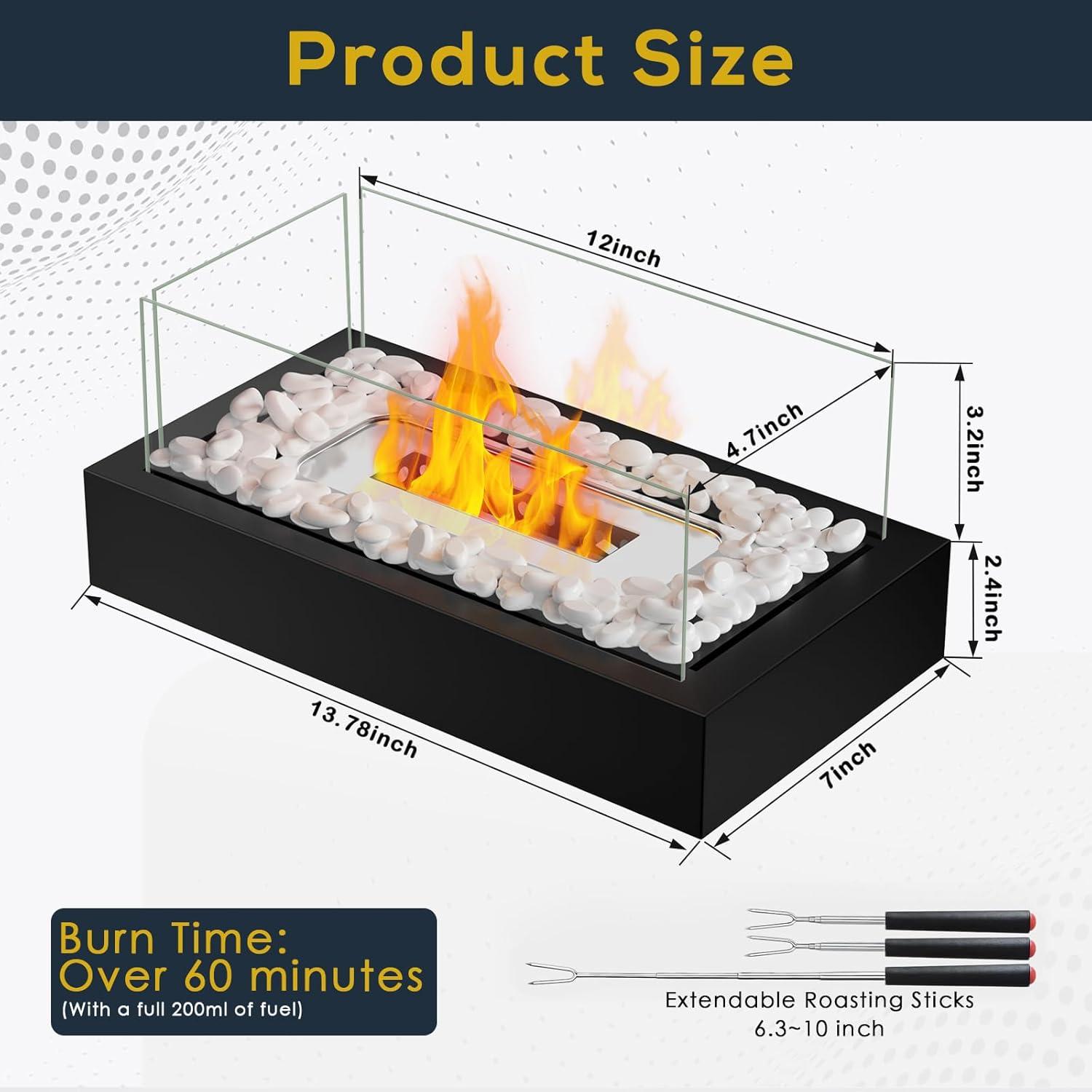 Black Steel Tabletop Fire Pit with Glass Panels