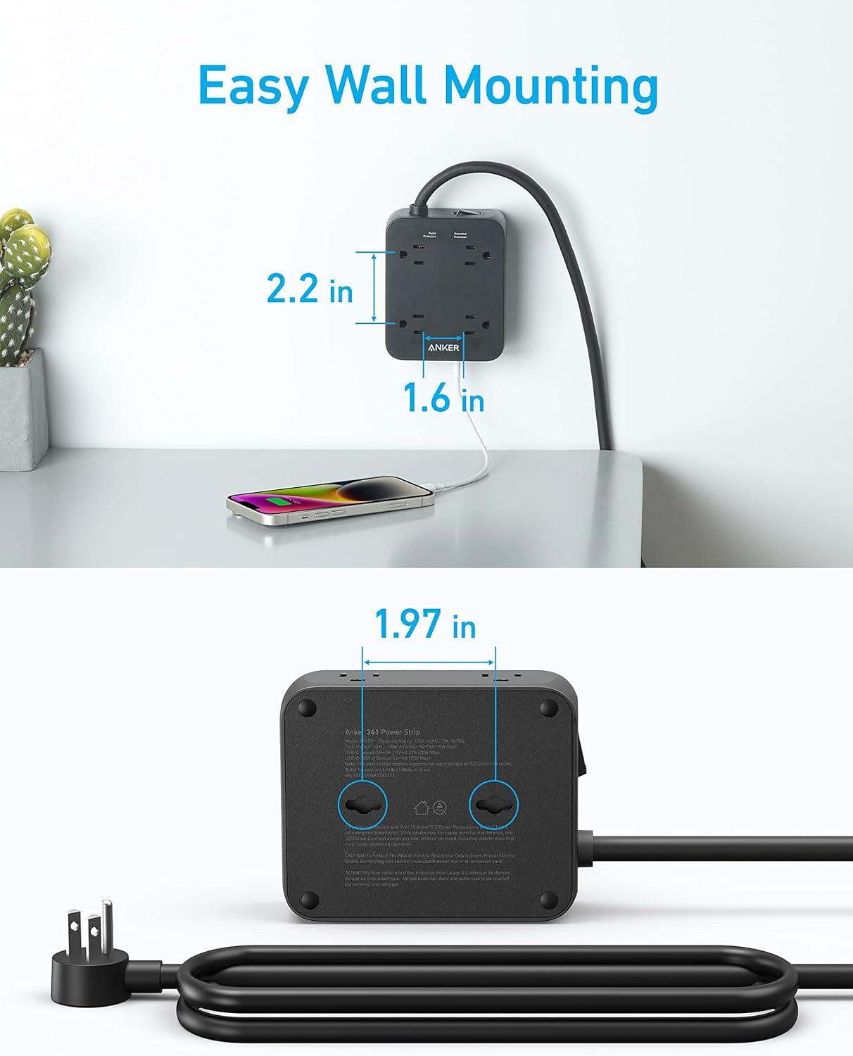 Anker Black 8-Outlet Power Strip with USB Ports and Surge Protector