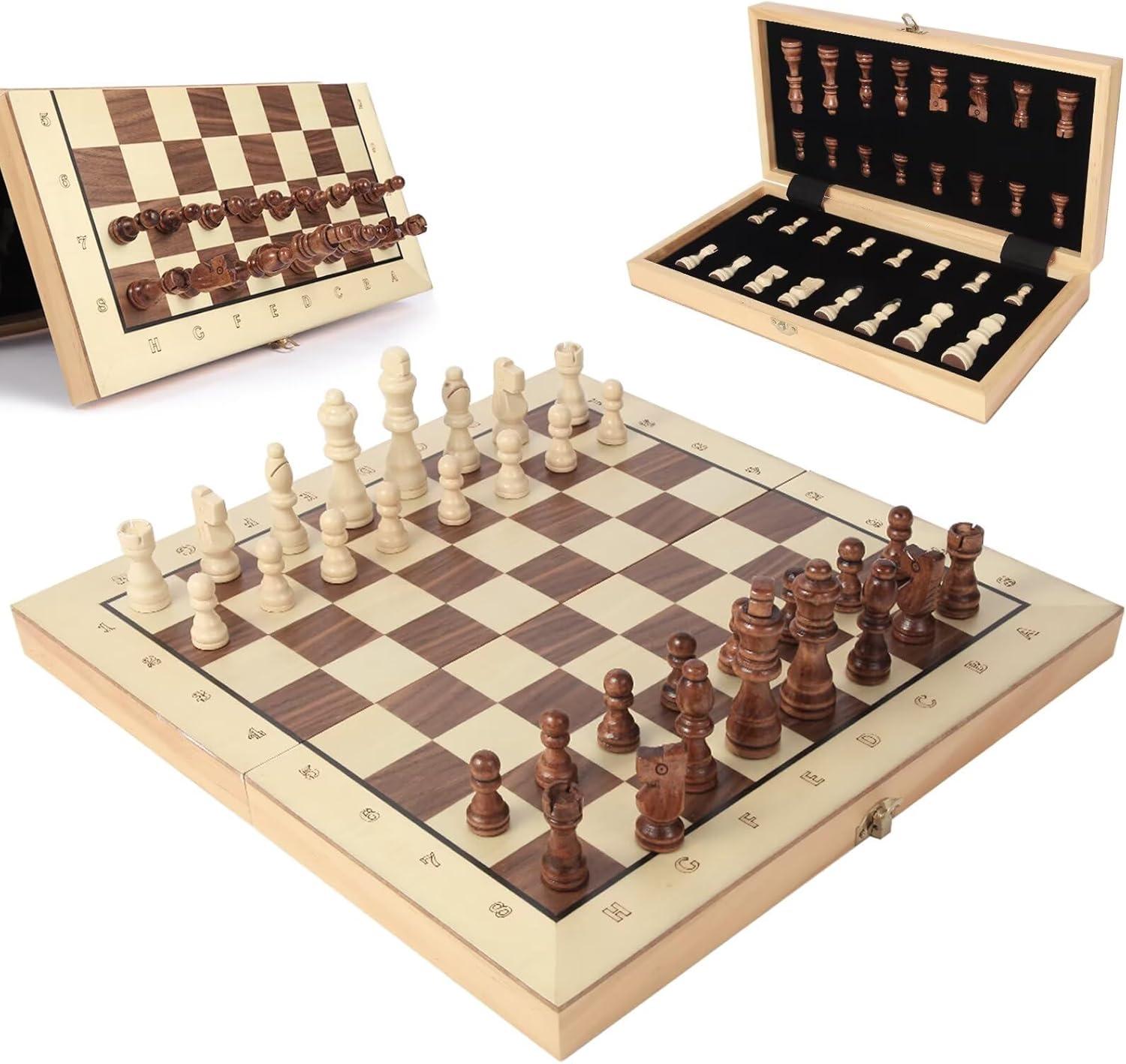 15inch Chess and Checkers Game Set - Chess Unique Gift for Kids and Adults. Durable Wooden Pieces, Sleek Wooden Board.Chess Introduces Strategy and Problem-Solving. Family Game Night Activity