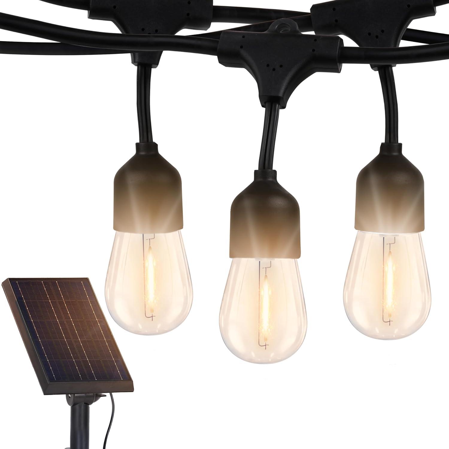 Brightech Ambience Pro 48 ft. Solar-Powered Outdoor LED String Lights with 15 Warm White S14 Bulbs, Weatherproof and Commercial-Grade Cord