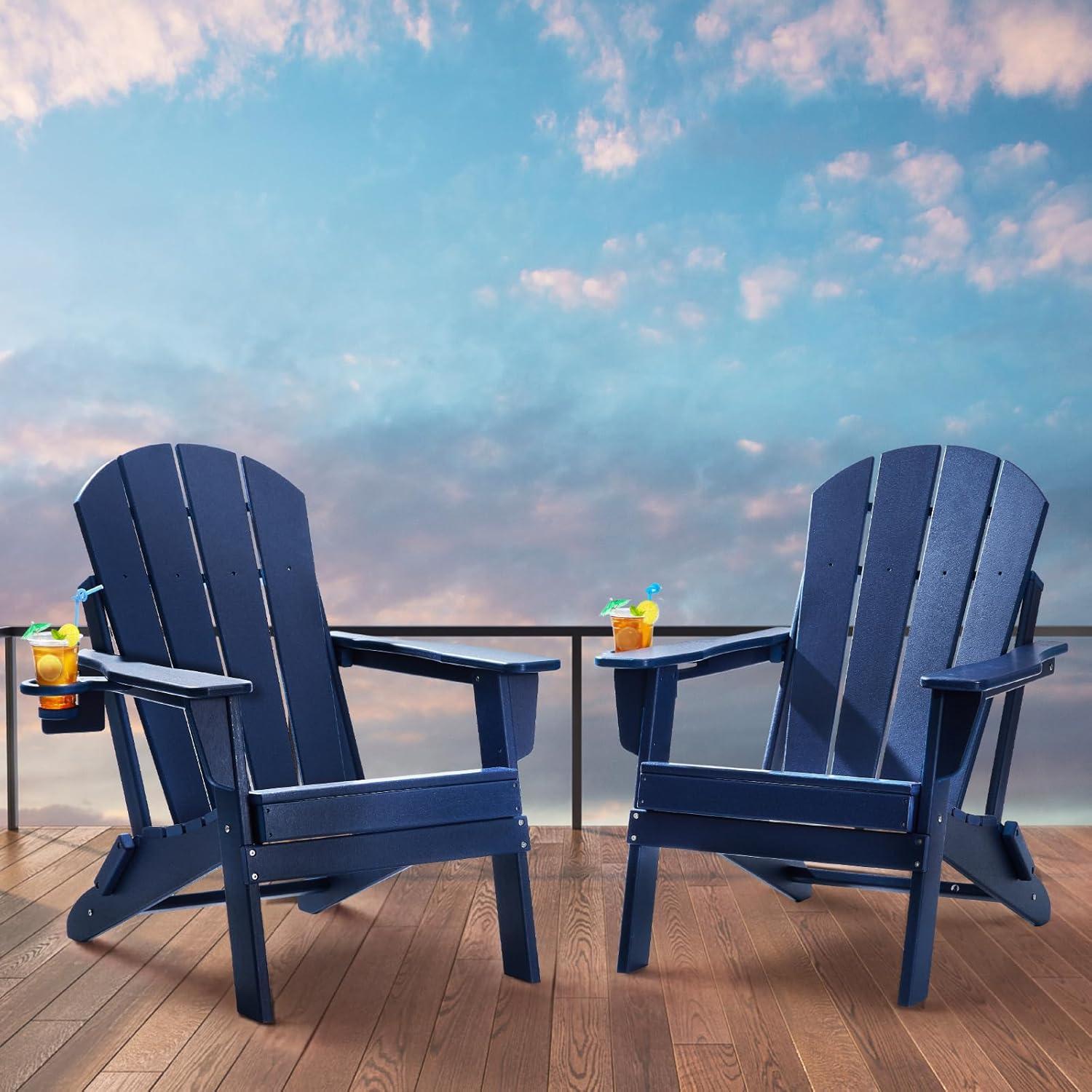 Navy Blue HDPE Folding Adirondack Chairs with Cup Holder, Set of 2