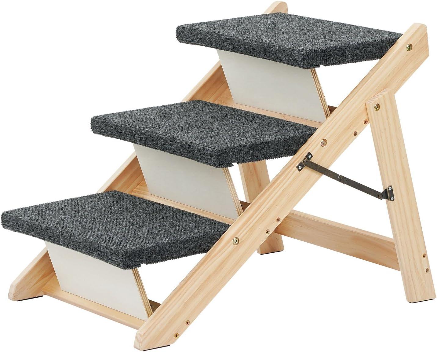 Foldable 3-Level Gray Fabric and Wood Pet Stairs