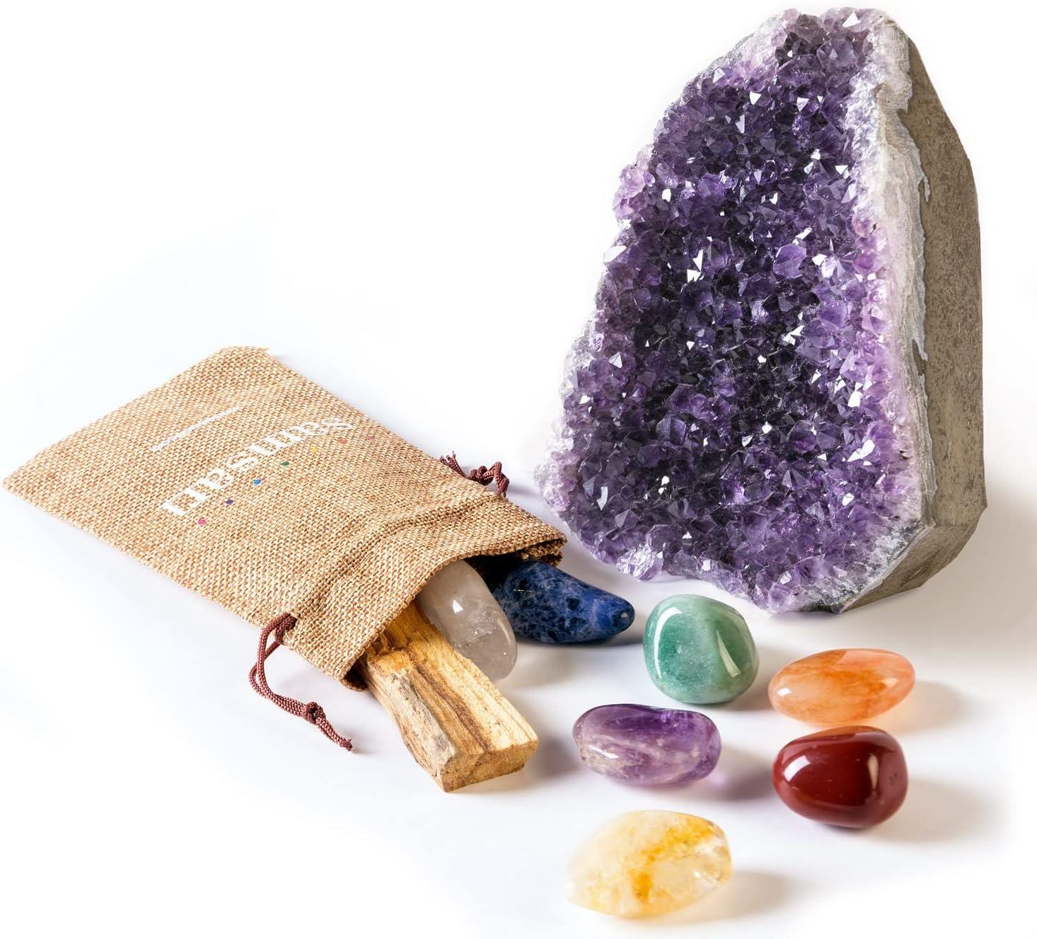 SAMSARI X-Large Amethyst Geode (2 lb to 3 lb) + 7 Chakras Crystal Healing Stones Set (Sodalite, Rock Crystal, Amethyst, Citrine, Carnelian, Red Jasper, Green Quartz), Palo Santo Stick, And Fabric Bag