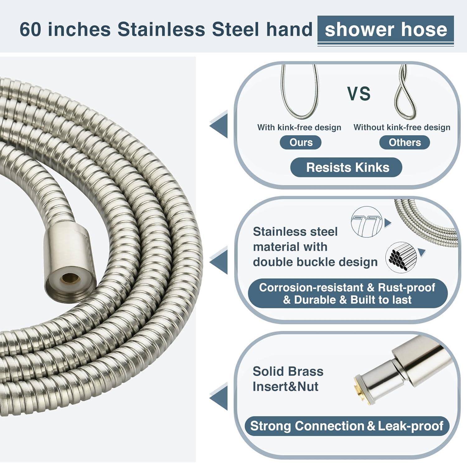 BRIGHT SHOWERS High Pressure Handheld Shower Head Set, High Flow Hand Held Showerhead with 60" Long Stainless Steel Hose and Adjustable Wall Bracket, 3 Spray Setting Shower Wand, Brushed Nickel