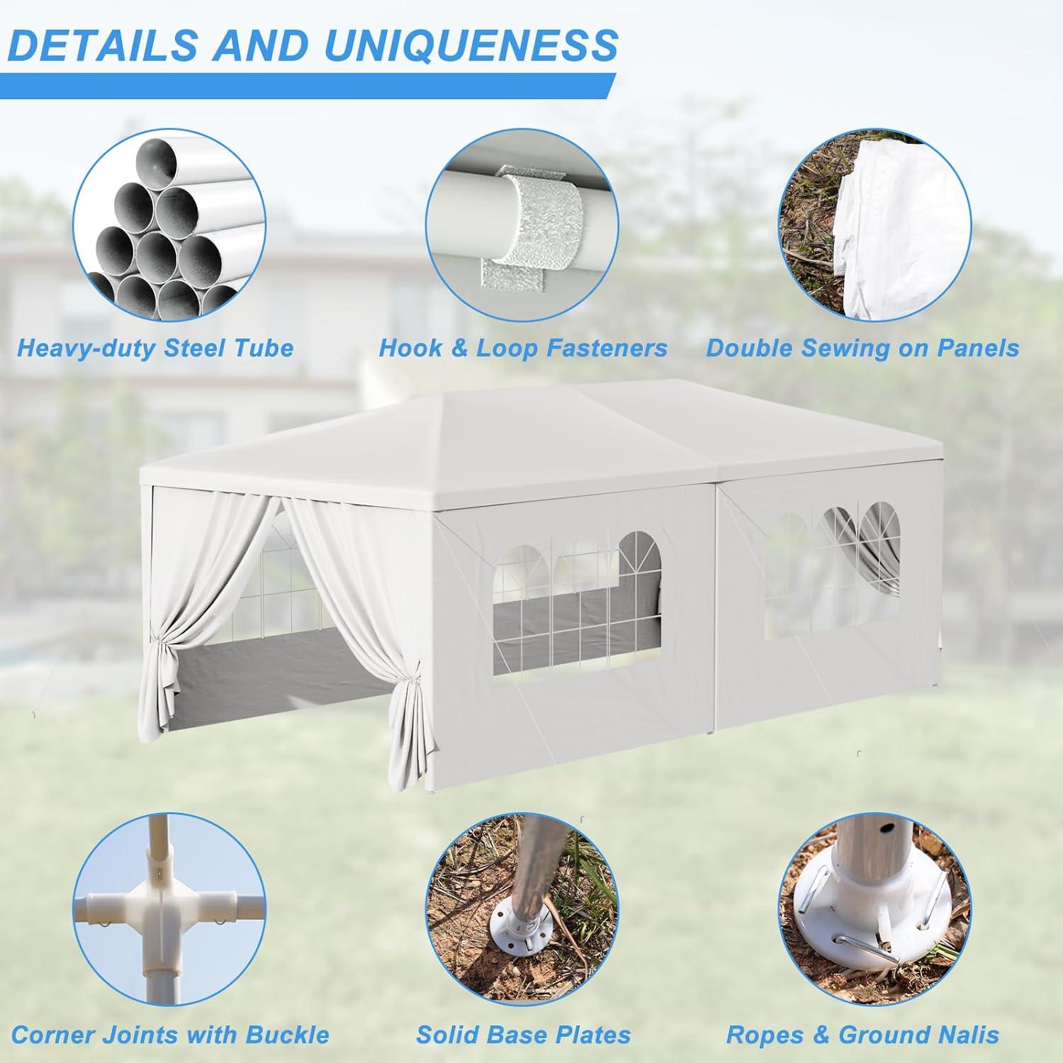 ZENSTYLE Gazebo Party Outdoor Tent in White,10 x 20' with 6 Side Walls Wedding Canopy Cater Events