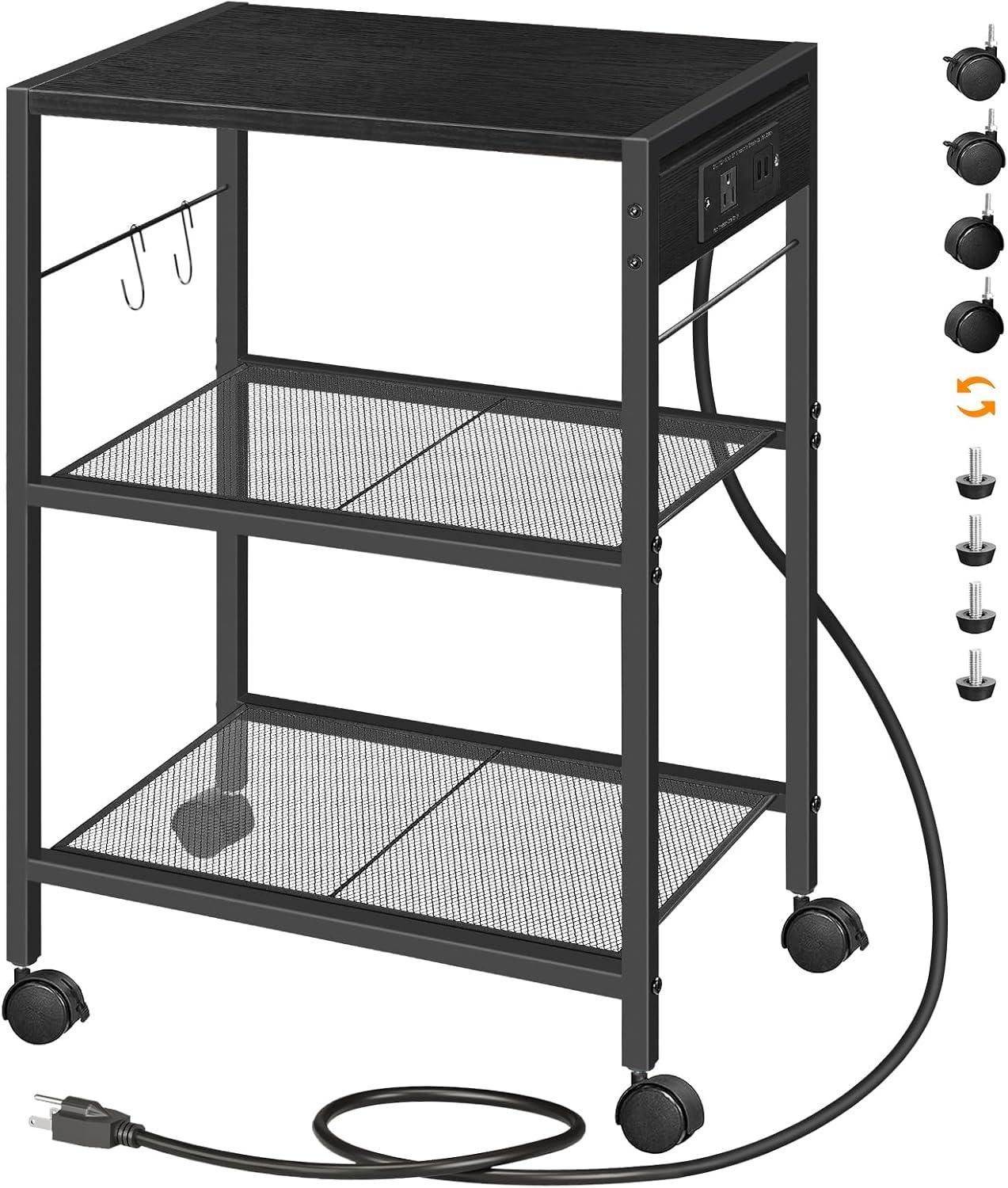 Greige and Black 3-Tier Industrial Mobile Printer Stand with Power Outlets