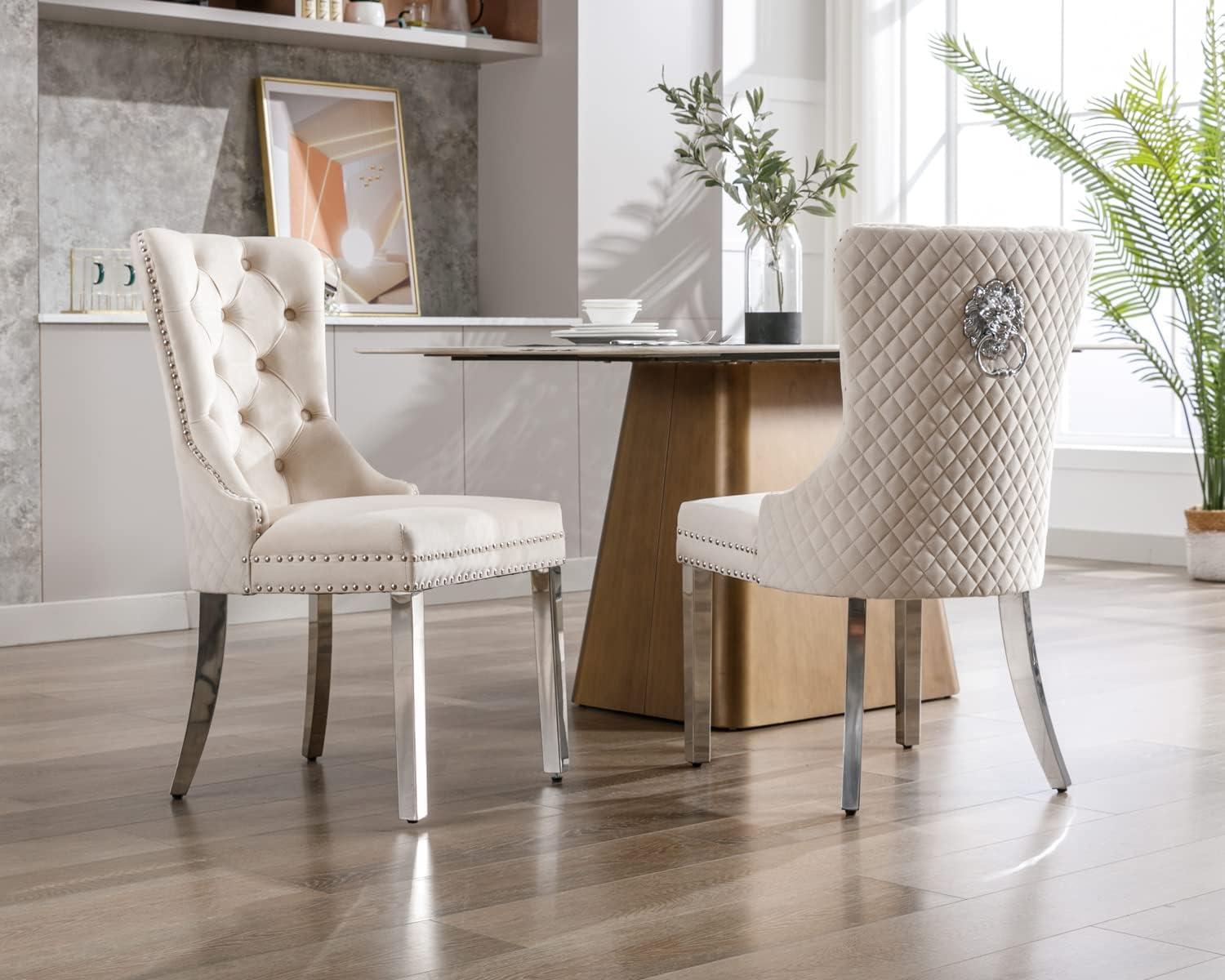 KCC Velvet Dining Chairs Set of 2, Upholstered High-end Tufted Dining Room Chair with Nailhead Back Ring Pull Trim Solid Wood Legs, Nikki Collection Modern Style for Kitchen, Black