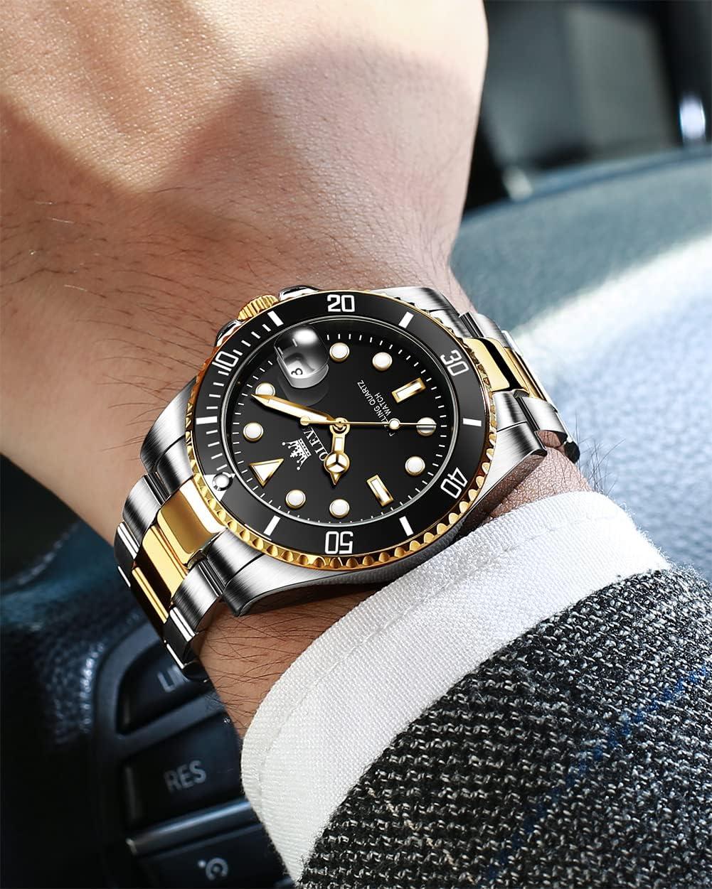 OLEVS Men Watch,Big Dial Watches for Men Stainless Steel Watch with Day Waterproof Analog Quartz Watches for Man Classic Business Wristwatch Luxury Luminous Round for Men Rotatable Bezel Watch