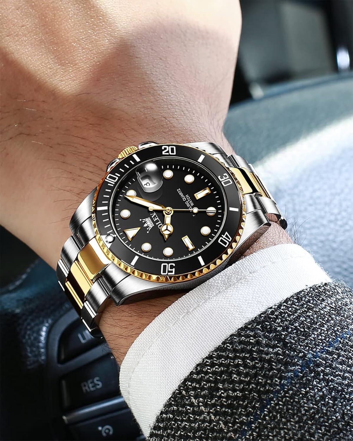 OLEVS Men Watch,Big Dial Watches for Men Stainless Steel Watch with Day Waterproof Analog Quartz Watches for Man Classic Business Wristwatch Luxury Luminous Round for Men Rotatable Bezel Watch