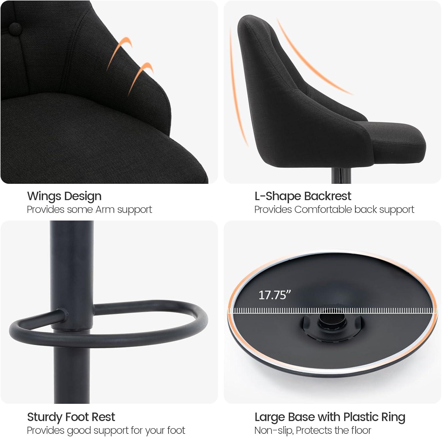 Brage Living Swivel Bar Stool with Back, Adjustable Fabric Tufted Barstool, Upholstered Counter Height Airlift Bar Chair for Kitchen Dining Cafe (Black)