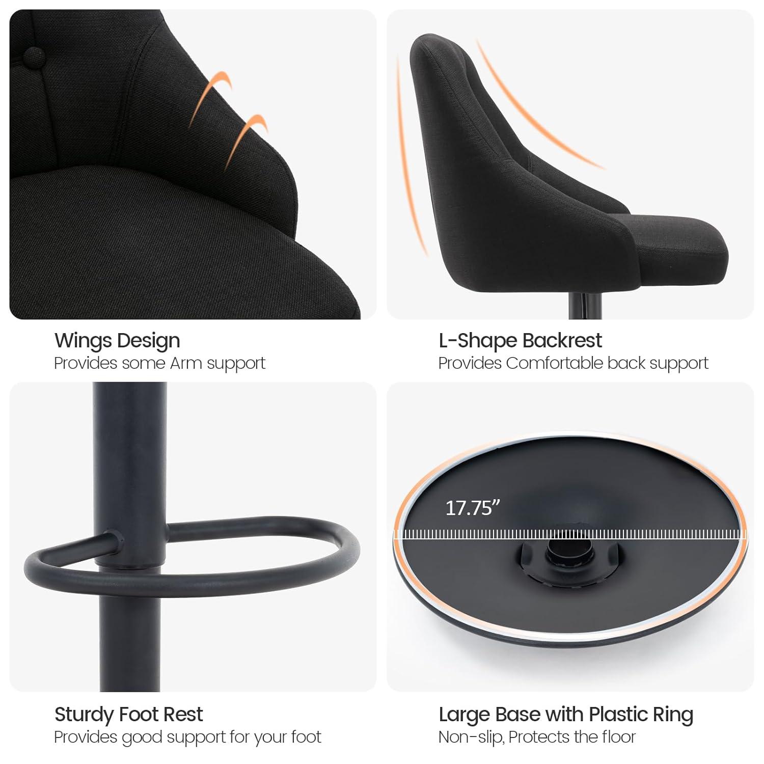 Brage Living Swivel Bar Stool with Back, Adjustable Fabric Tufted Barstool, Upholstered Counter Height Airlift Bar Chair for Kitchen Dining Cafe (Black)