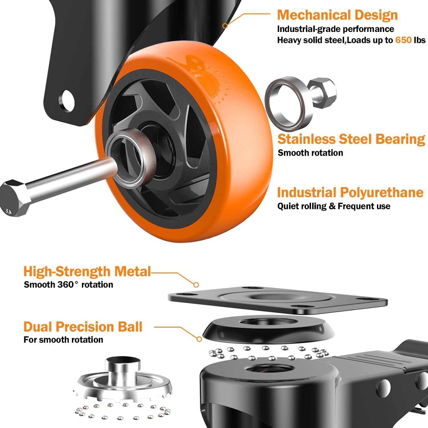 5-Inch Orange Polyurethane Heavy-Duty Swivel Caster Wheels with Brake, Set of 4