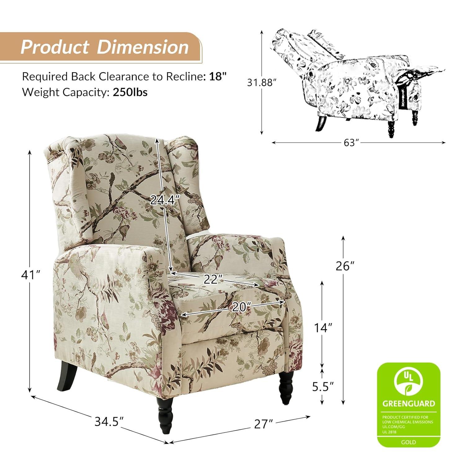 Fabric Wingback Manual Recliner Chair Set of 2 Traditional Push Back Upholstered Home Theater Living Room Bird