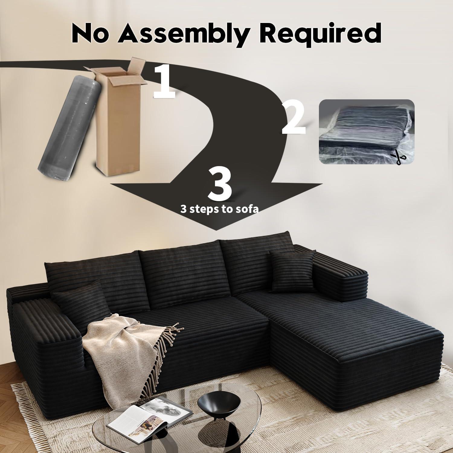 107.5" Cloud Modular Sectional Sofa Couch with L-Shape Chaise,Modern Minimalist Upholstered Couches for Living Room Bedroom,Deep Seat Corner Couch，No Assembly Required (Black,Left Facing Chaise)