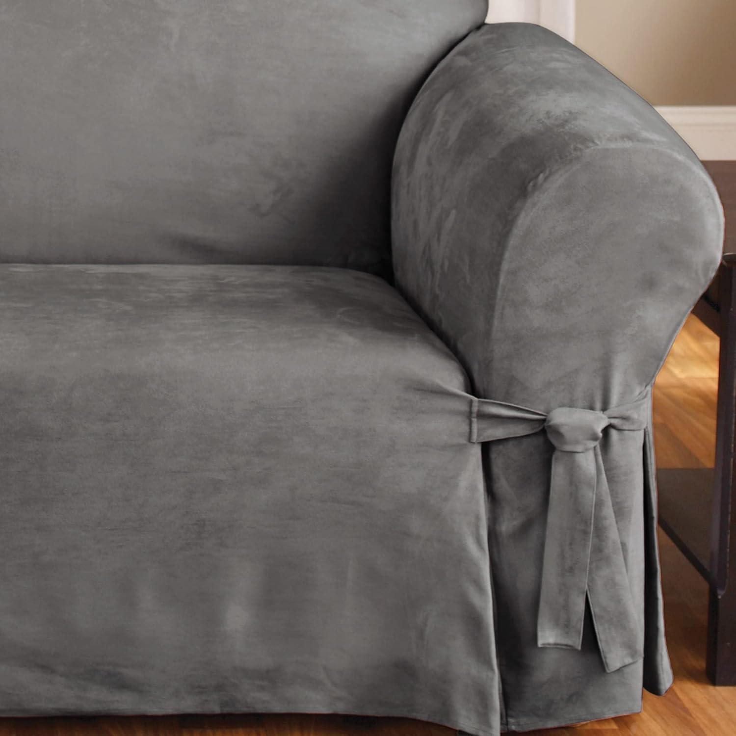 Gray Soft Suede Sofa Slipcover with Ties