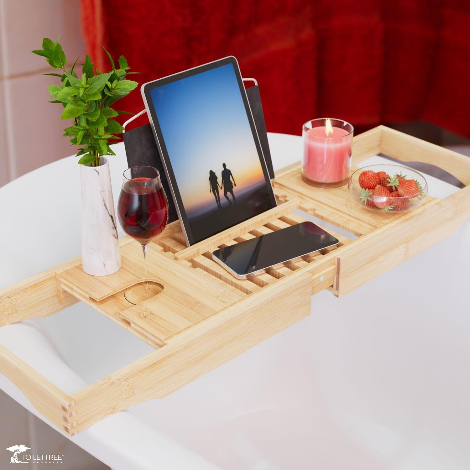 ToiletTree Products Bamboo Bathtub Caddy with Extending Sides and Adjustable Book Holder