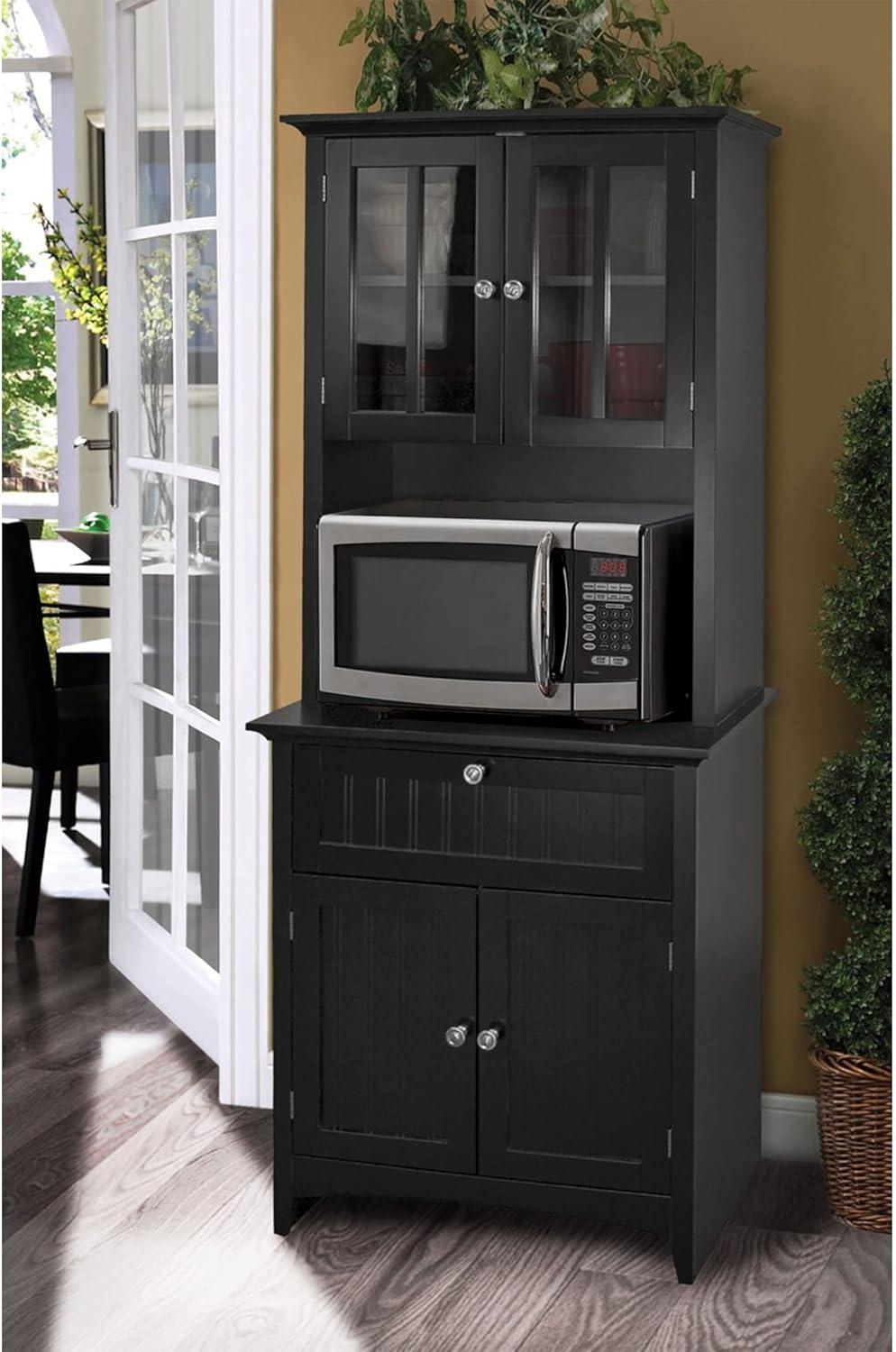 70" Black Composite Lighted China Cabinet with Glass Doors