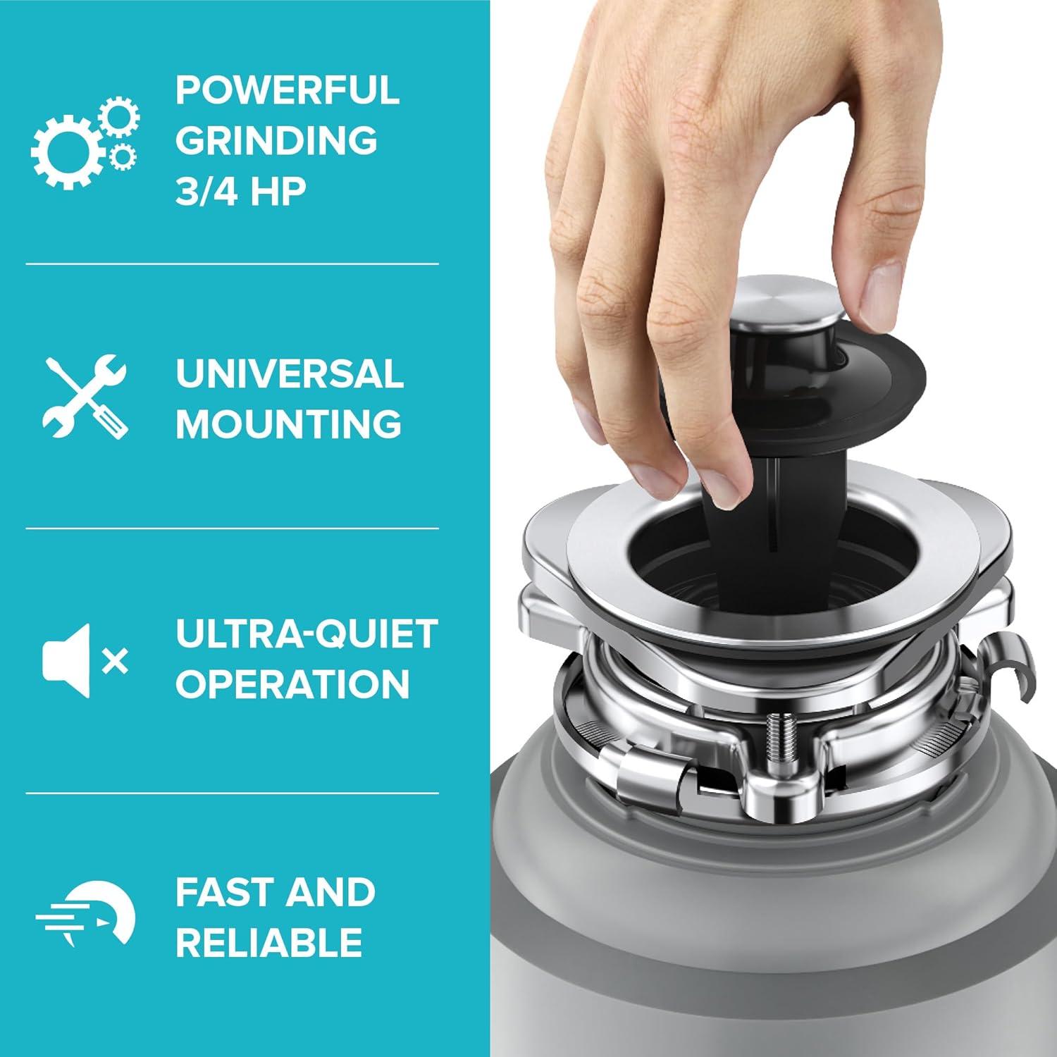 Kraus KRAUS Wasteguard High-Speed 3/4 HP Continuous Feed Ultra-Quiet Motor Garbage Disposal With Power Cord And Flange Included And Universal Mount, KWD210-75MGR